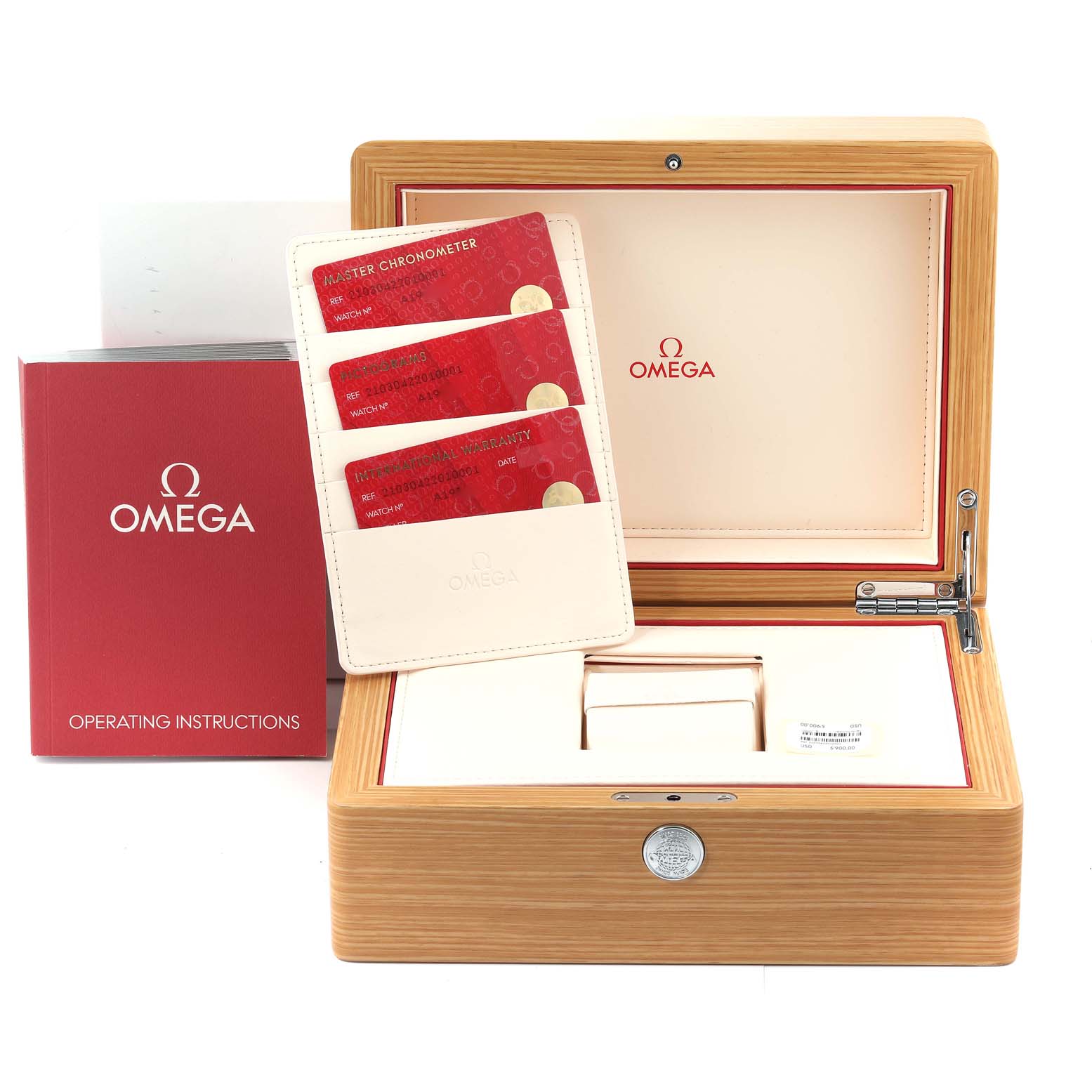 The image shows an Omega Seamaster 210.30.42.20.10.001 Men's Stainless Steel Green Dial 210.30.42.20.10.001 Men's Stainless Steel Green Dial watch box, warranty cards, and an operating instructions manual.
