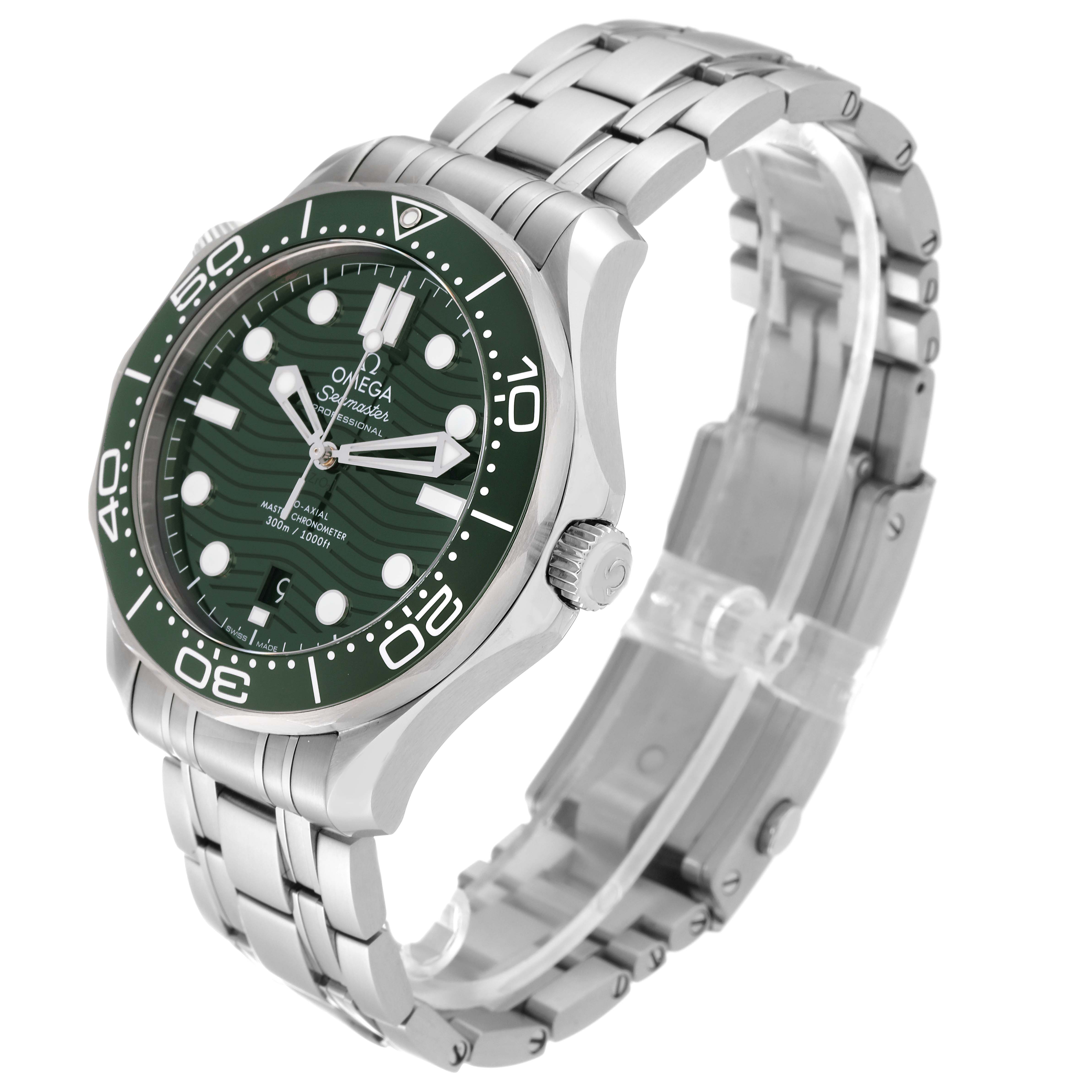 The image shows an angled side view of the Omega Seamaster 210.30.42.20.10.001 Men's Stainless Steel Green Dial 210.30.42.20.10.001 Men's Stainless Steel Green Dial watch, highlighting the dial, bezel, crown, and stainless steel bracelet.