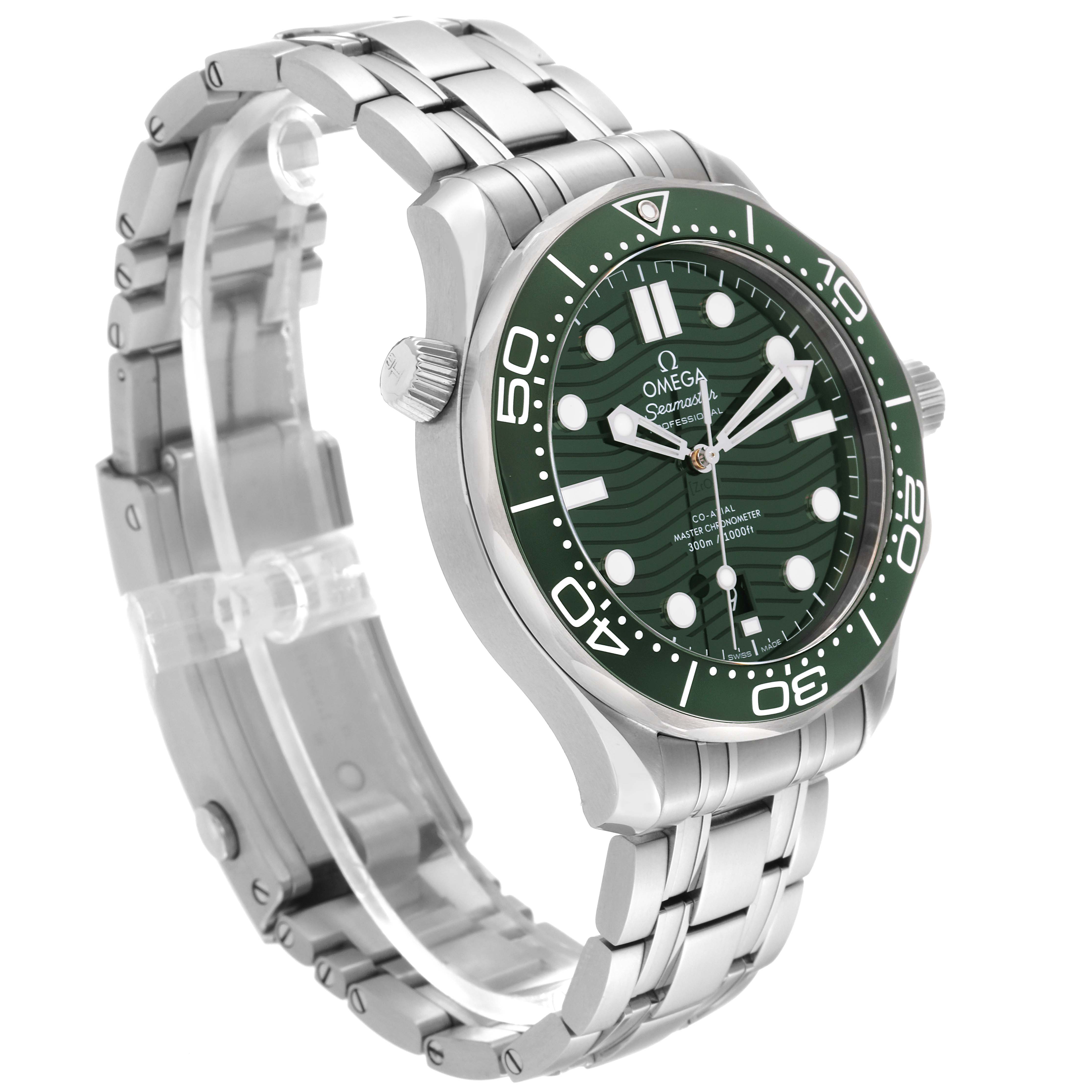This image shows an Omega Seamaster 210.30.42.20.10.001 Men's Stainless Steel Green Dial 210.30.42.20.10.001 Men's Stainless Steel Green Dial watch from a 3/4 angle with a clear view of the face, bezel, and stainless steel bracelet.