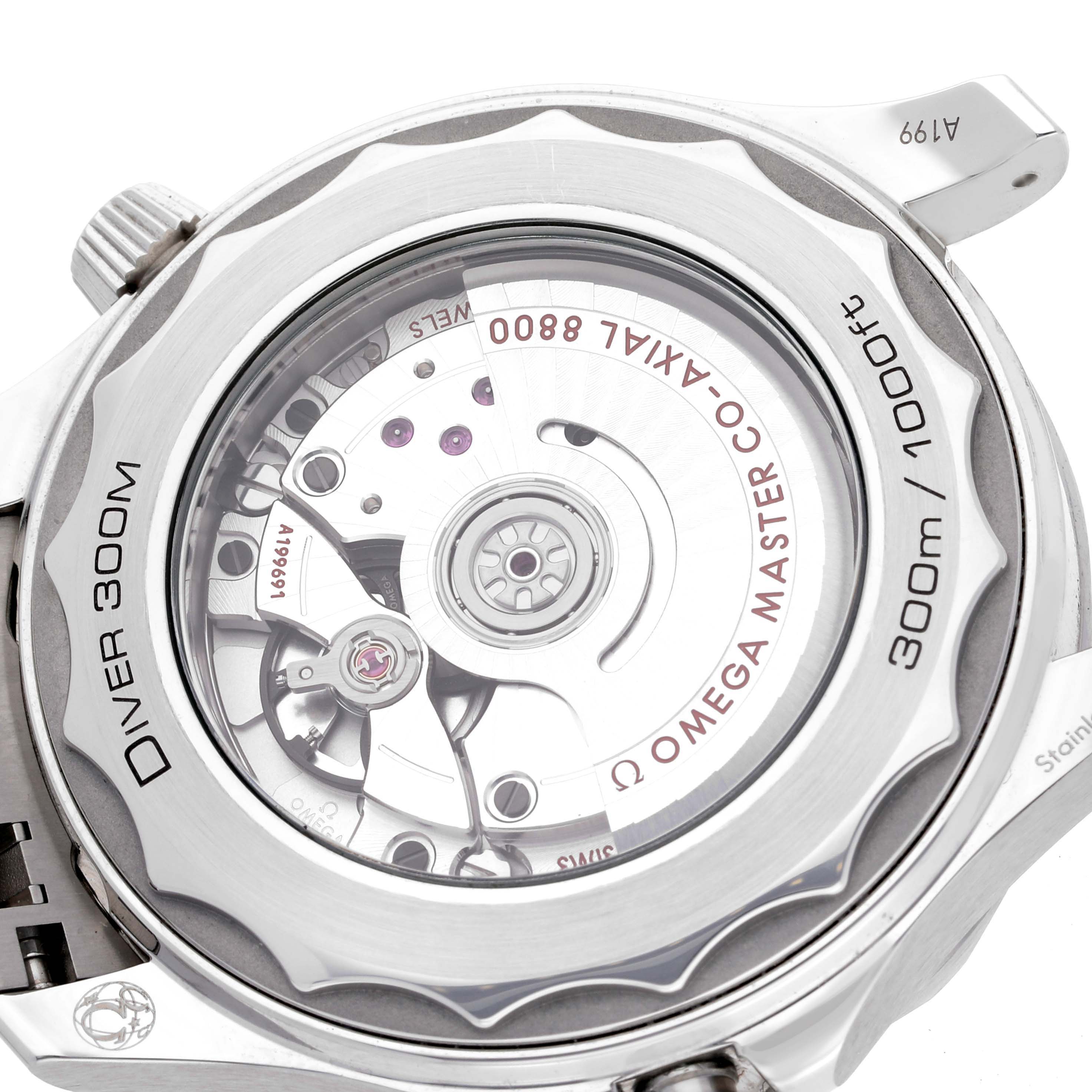 The image shows the back of the Omega Seamaster 210.30.42.20.10.001 Men's Stainless Steel Green Dial 210.30.42.20.10.001 Men's Stainless Steel Green Dial Diver 300M, highlighting its exposed co-axial master chronometer movement.