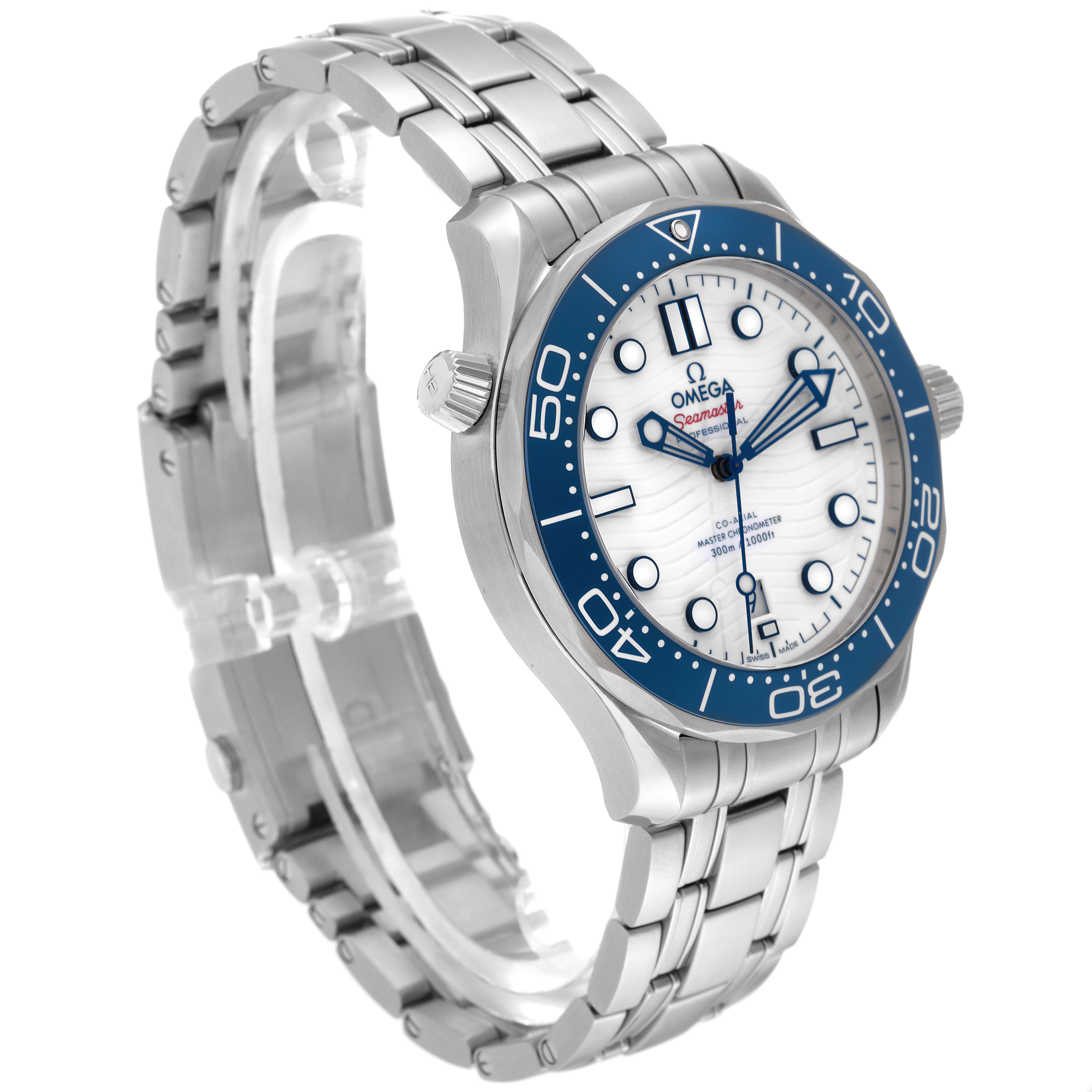 The Omega Seamaster 522.30.42.20.04.001 Men
s Stainless Steel White Dial 522.30.42.20.04.001 Men
s Stainless Steel White Dial watch is shown from a three-quarter view angle, displaying its face, bezel, and bracelet.