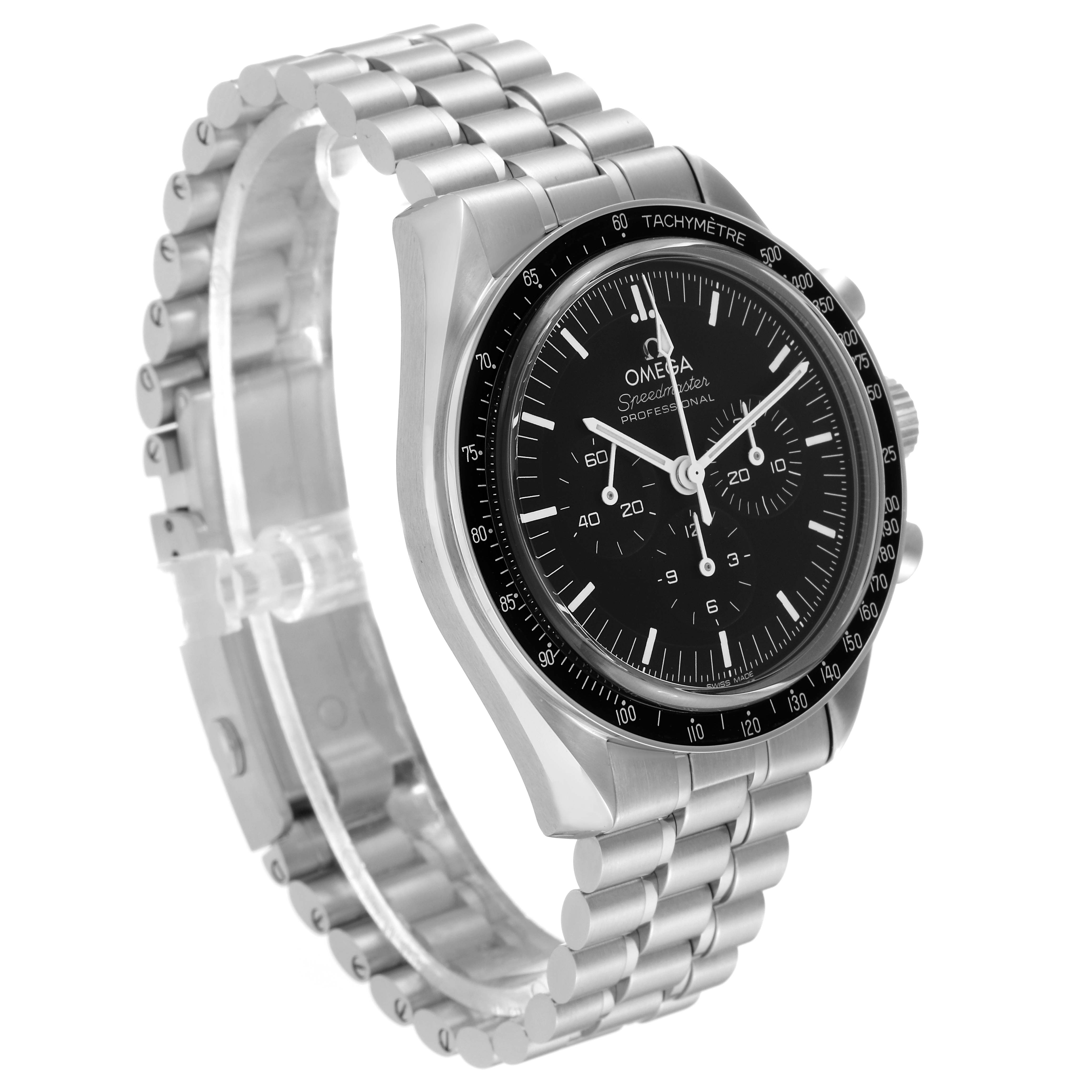 The image shows an Omega Speedmaster 310.30.42.50.01.002 Men
s Stainless Steel Black Dial 310.30.42.50.01.002 Men
s Stainless Steel Black Dial watch from a 3/4 angle, highlighting its stainless steel case, bracelet, and black dial with sub-dials.