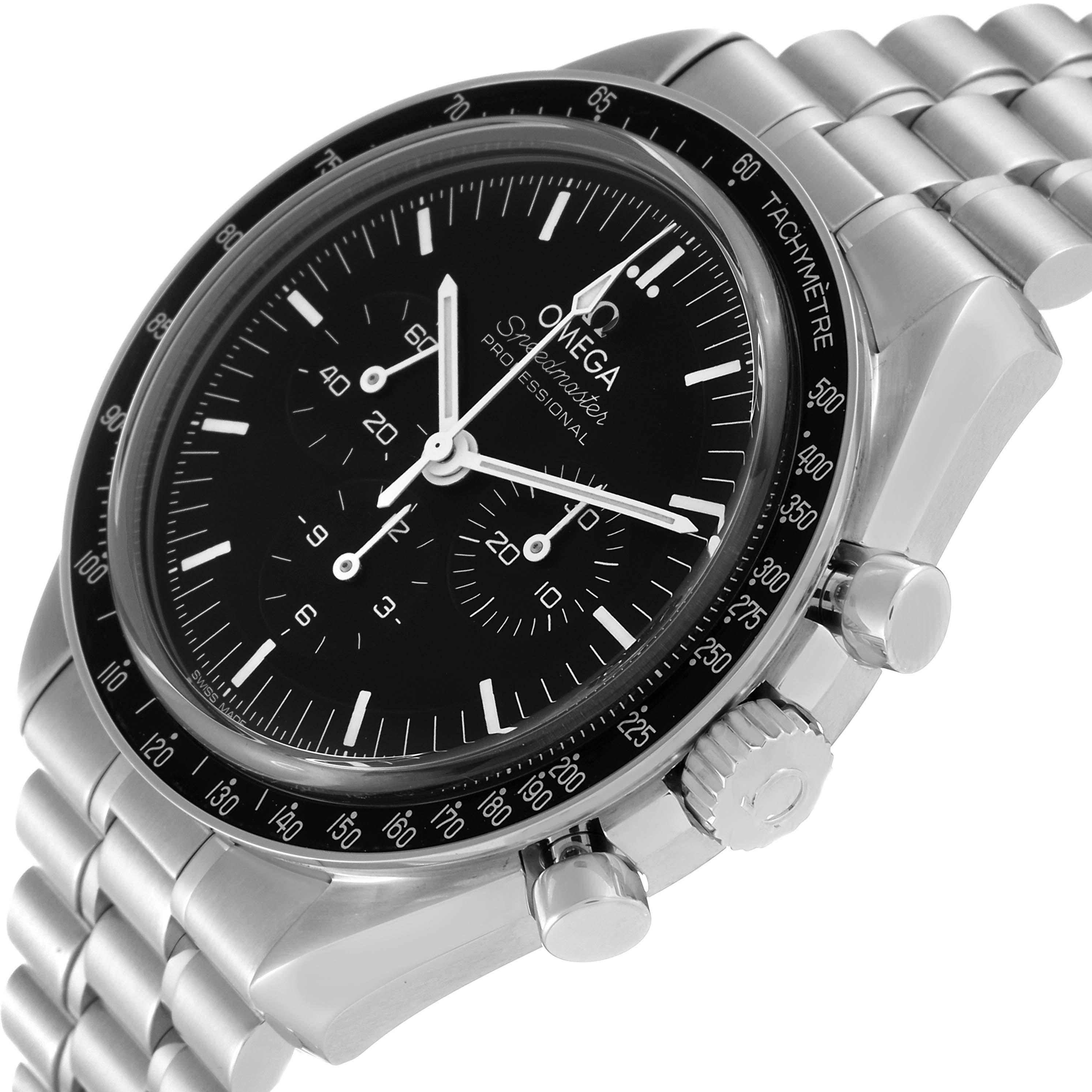 The image shows an angled view of the Omega Speedmaster 310.30.42.50.01.002 Men
s Stainless Steel Black Dial 310.30.42.50.01.002 Men
s Stainless Steel Black Dial watch, highlighting its face, bezel, crown, and metal bracelet.