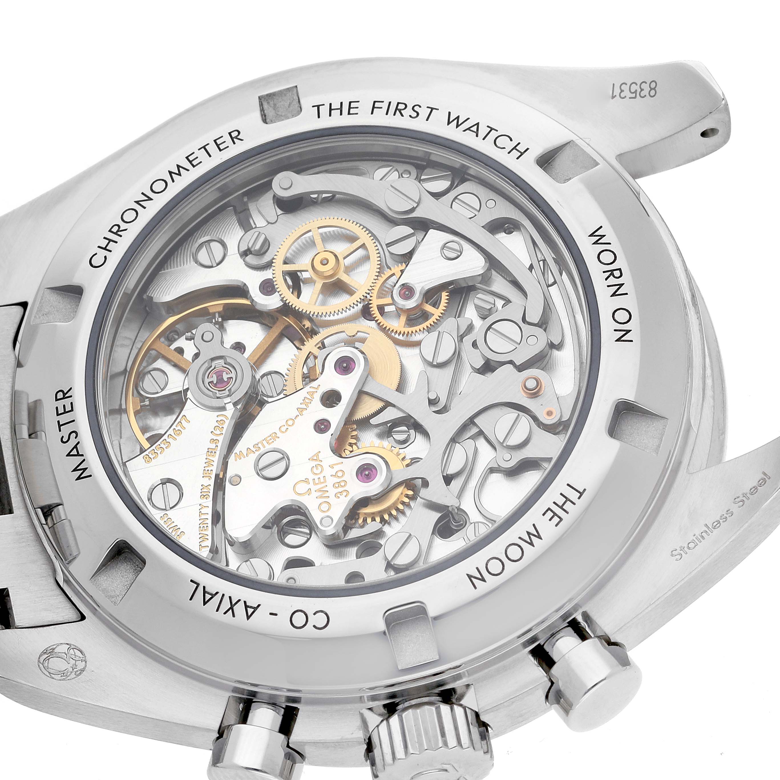 The image shows the backside of an Omega Speedmaster 310.30.42.50.01.002 Men
s Stainless Steel Black Dial 310.30.42.50.01.002 Men
s Stainless Steel Black Dial watch, highlighting its intricate internal mechanism and inscriptions.