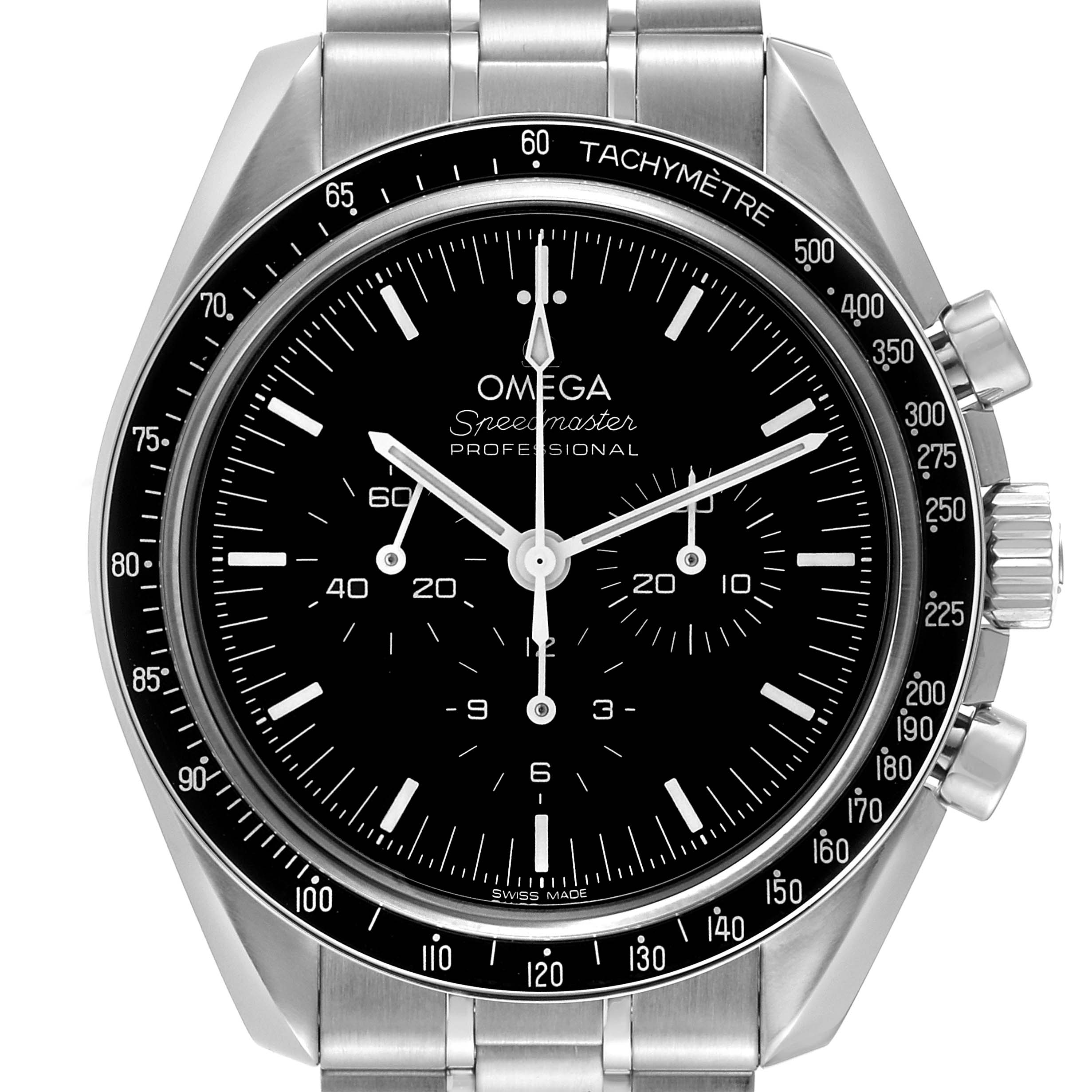 The image shows the front view of the Omega Speedmaster 310.30.42.50.01.002 Men
s Stainless Steel Black Dial 310.30.42.50.01.002 Men
s Stainless Steel Black Dial Professional watch, displaying its dial, bezel, and part of the bracelet.