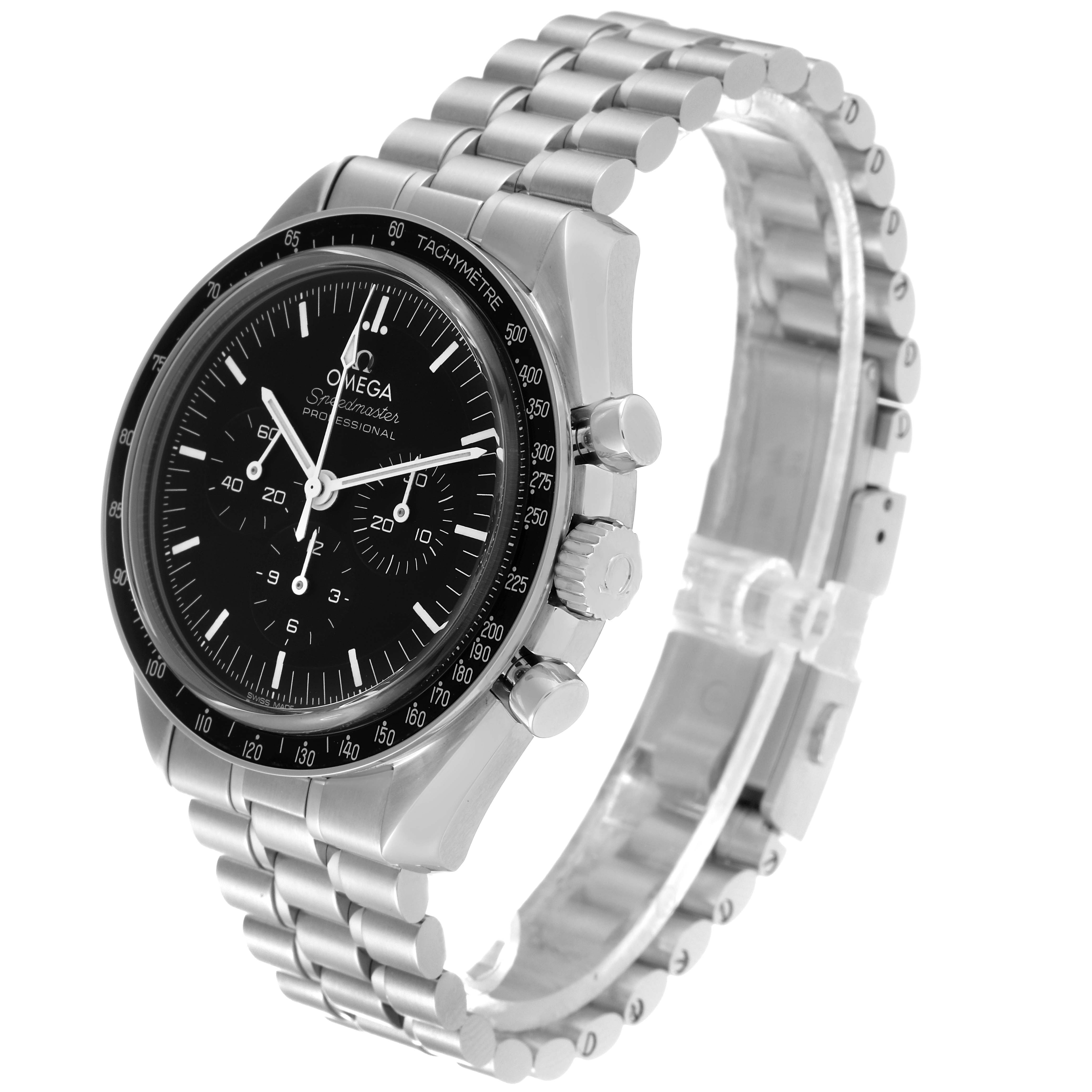 The image shows a side angle of the Omega Speedmaster 310.30.42.50.01.002 Men
s Stainless Steel Black Dial 310.30.42.50.01.002 Men
s Stainless Steel Black Dial, highlighting its face, bezel, and metal bracelet.