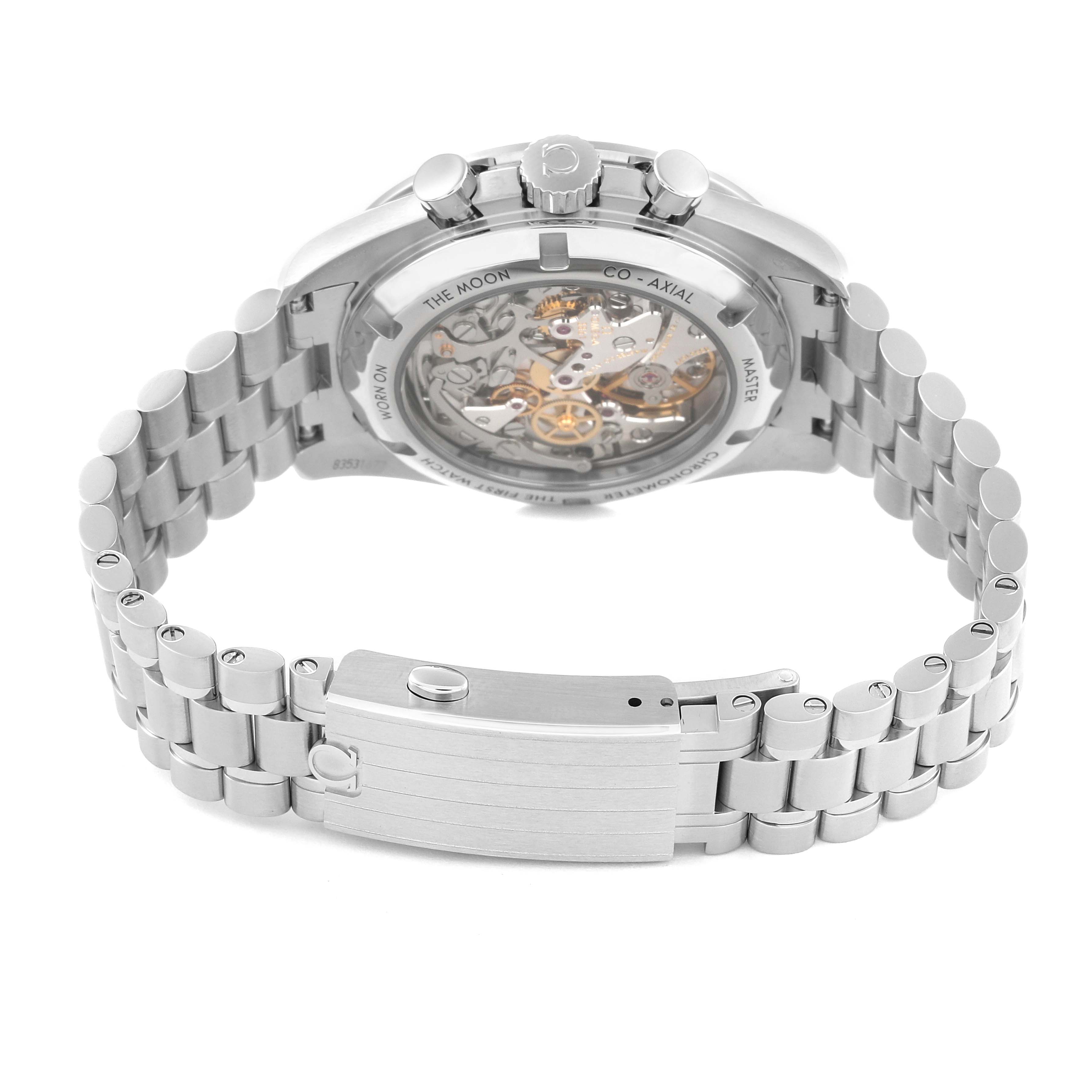 The image shows a rear view of the Omega Speedmaster 310.30.42.50.01.002 Men
s Stainless Steel Black Dial 310.30.42.50.01.002 Men
s Stainless Steel Black Dial watch, highlighting the transparent case back, bracelet, and clasp.