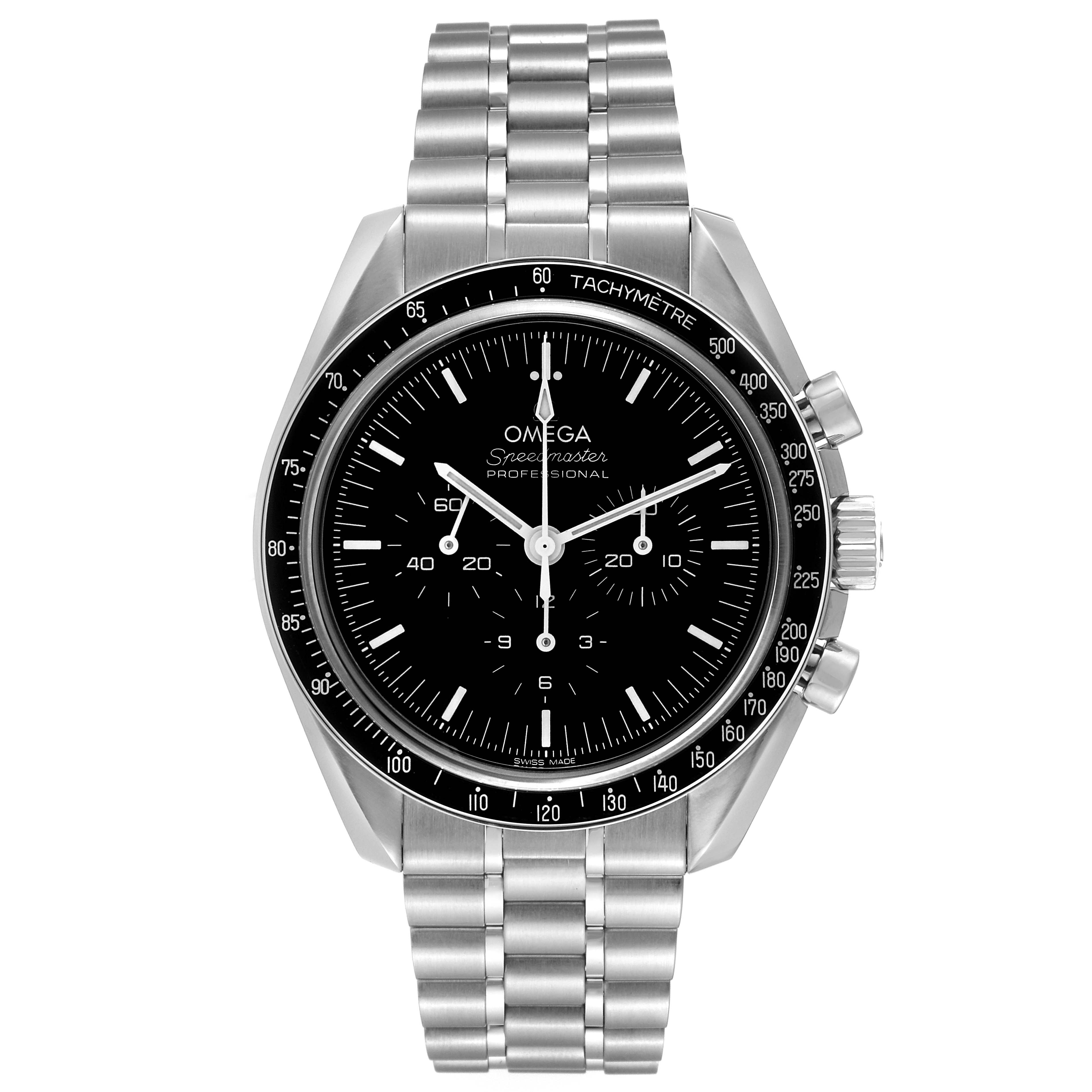 The image shows a front view of the Omega Speedmaster 310.30.42.50.01.002 Men
s Stainless Steel Black Dial 310.30.42.50.01.002 Men
s Stainless Steel Black Dial Professional watch, highlighting the dial, bezel, pushers, and bracelet.