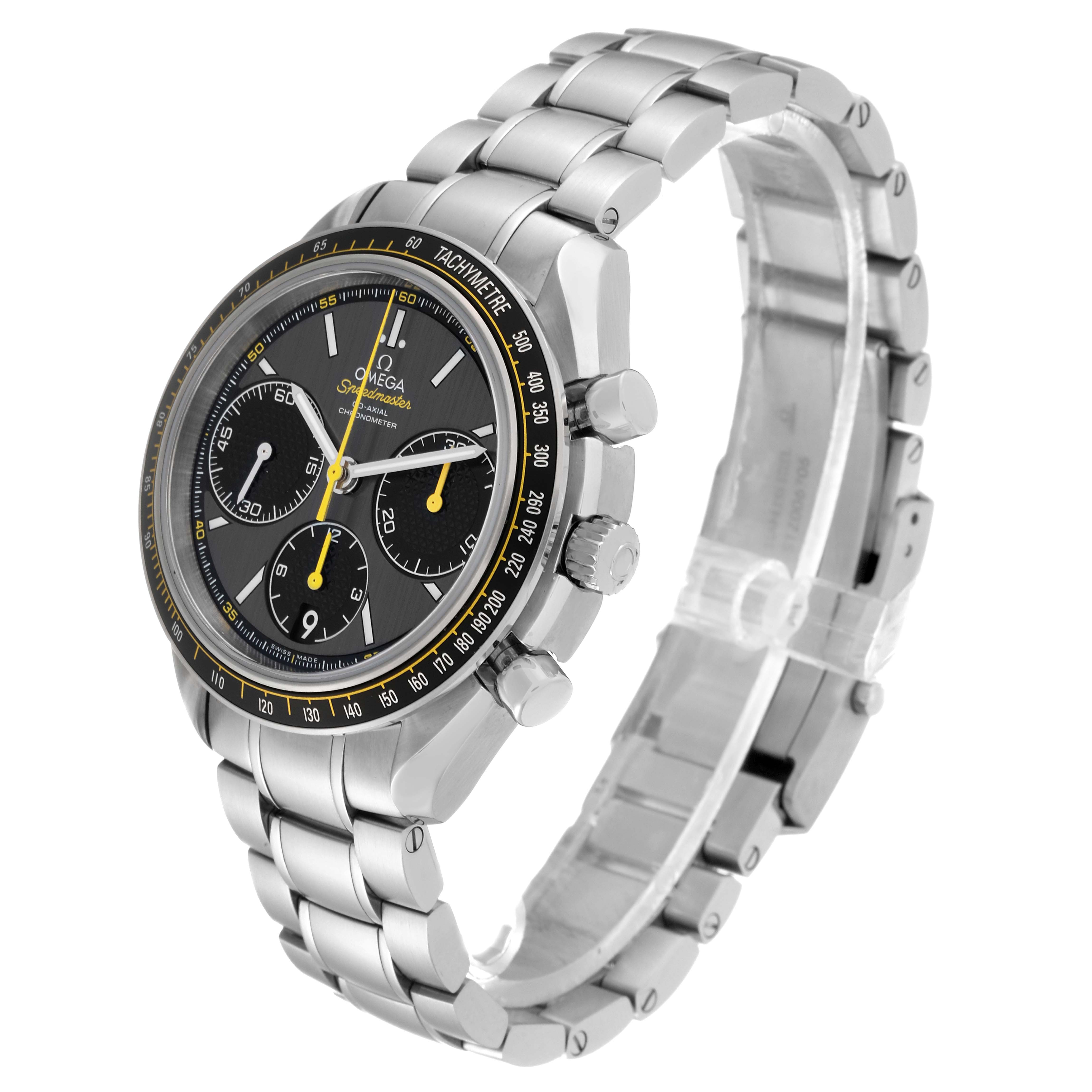 The image shows a side-angle view of the Omega Speedmaster 326.30.40.50.06.001 Men
s Stainless Steel Grey Dial 326.30.40.50.06.001 Men
s Stainless Steel Grey Dial watch, highlighting its dial, bezel, and stainless steel bracelet.