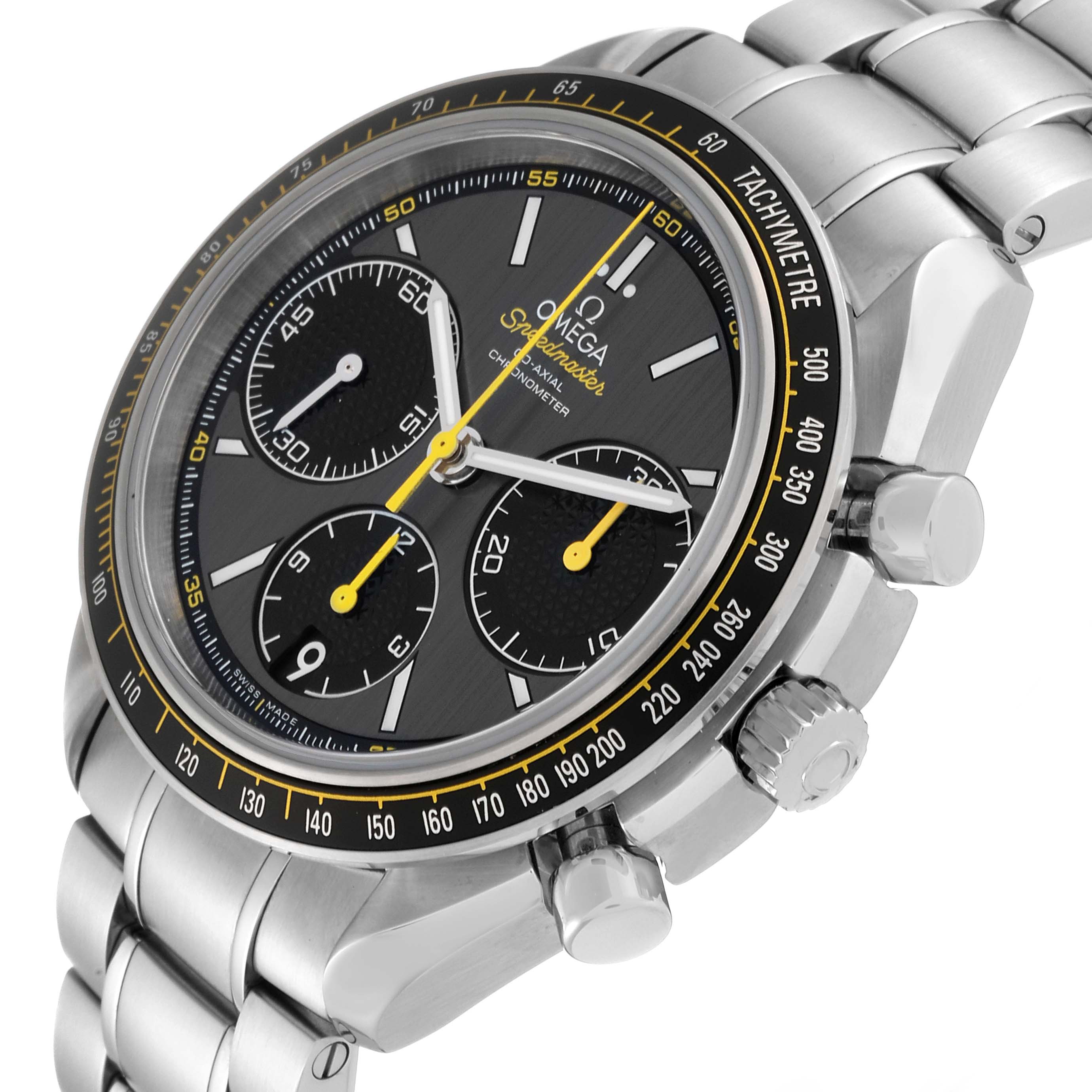 The image shows an angled view of the Omega Speedmaster 326.30.40.50.06.001 Men
s Stainless Steel Grey Dial 326.30.40.50.06.001 Men
s Stainless Steel Grey Dial watch, highlighting the face, subdials, and part of the bracelet.