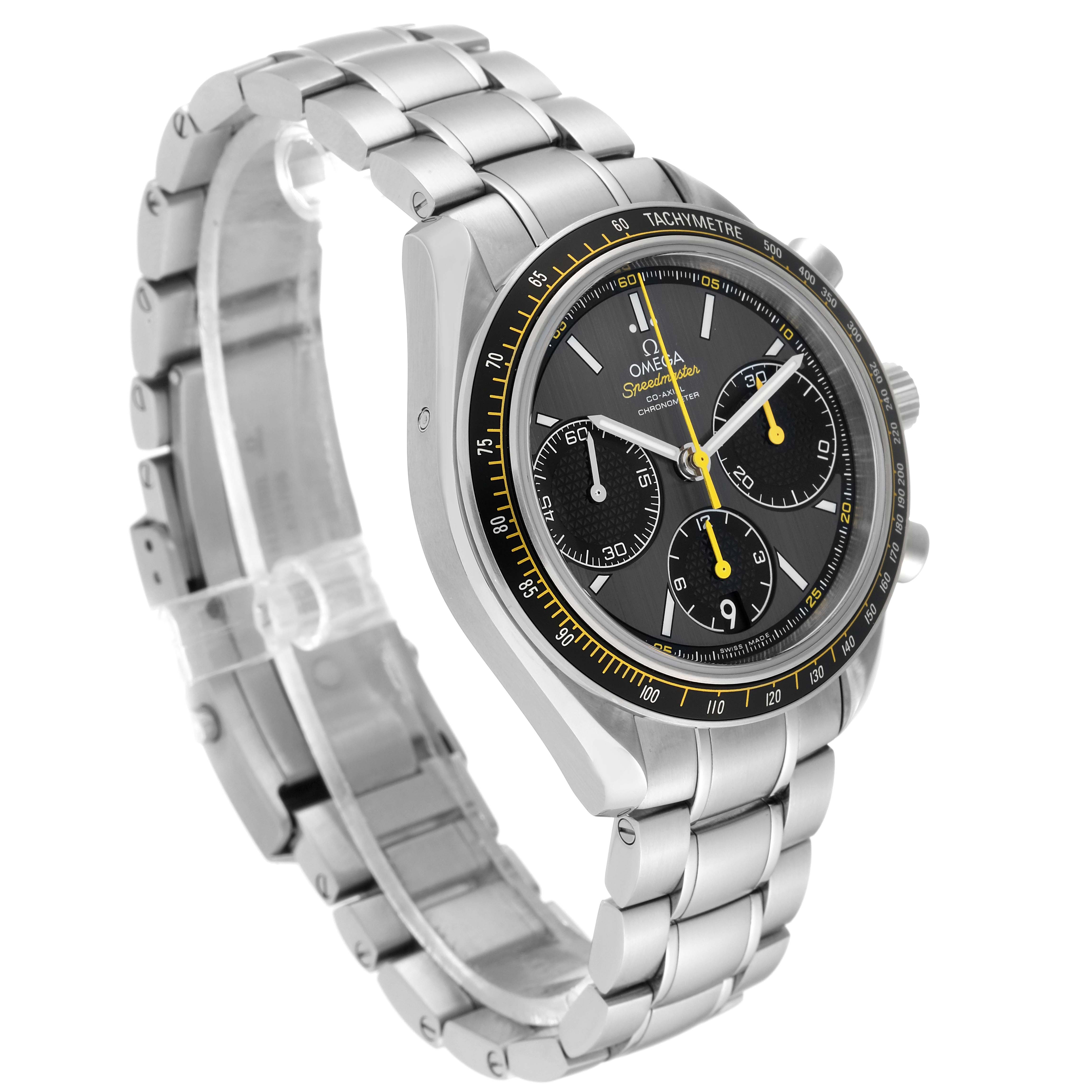 The Omega Speedmaster 326.30.40.50.06.001 Men
s Stainless Steel Grey Dial 326.30.40.50.06.001 Men
s Stainless Steel Grey Dial watch is shown at a slight angle, displaying its face, chronograph dials, and stainless steel bracelet.