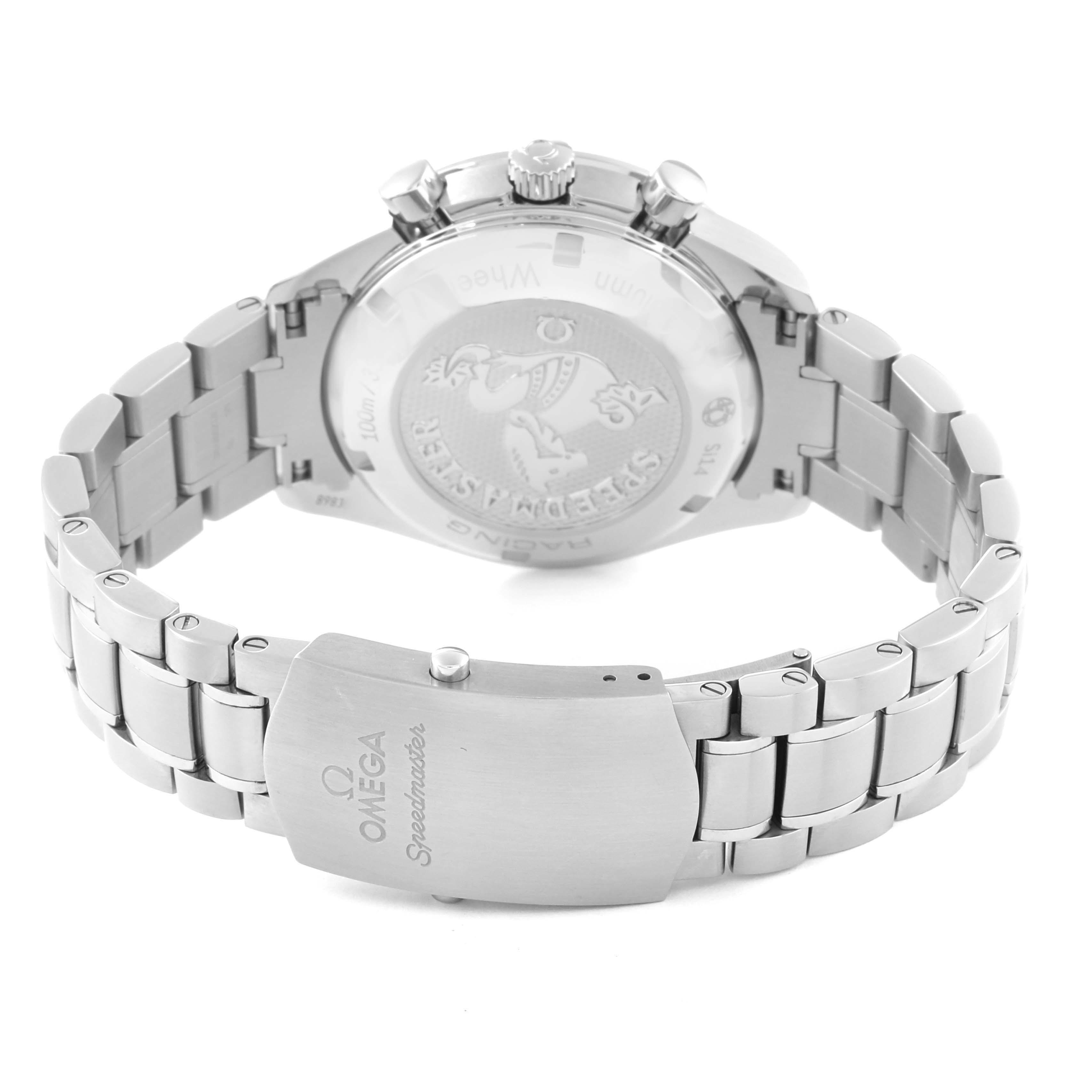 This image shows the back and clasp of an Omega Speedmaster 326.30.40.50.06.001 Men
s Stainless Steel Grey Dial 326.30.40.50.06.001 Men
s Stainless Steel Grey Dial watch.