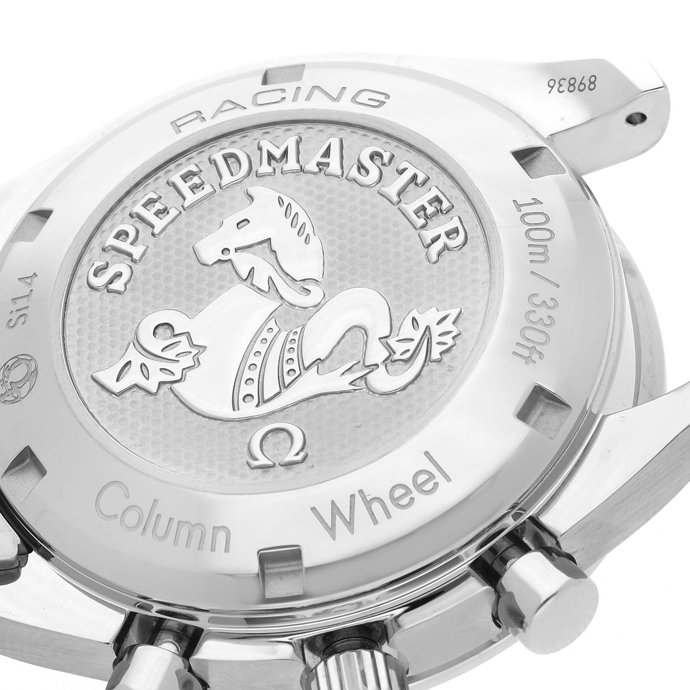 The image displays the back case and pushers of an Omega Speedmaster 326.30.40.50.06.001 Men
s Stainless Steel Grey Dial 326.30.40.50.06.001 Men
s Stainless Steel Grey Dial watch, showcasing the Speedmaster logo and specifications.