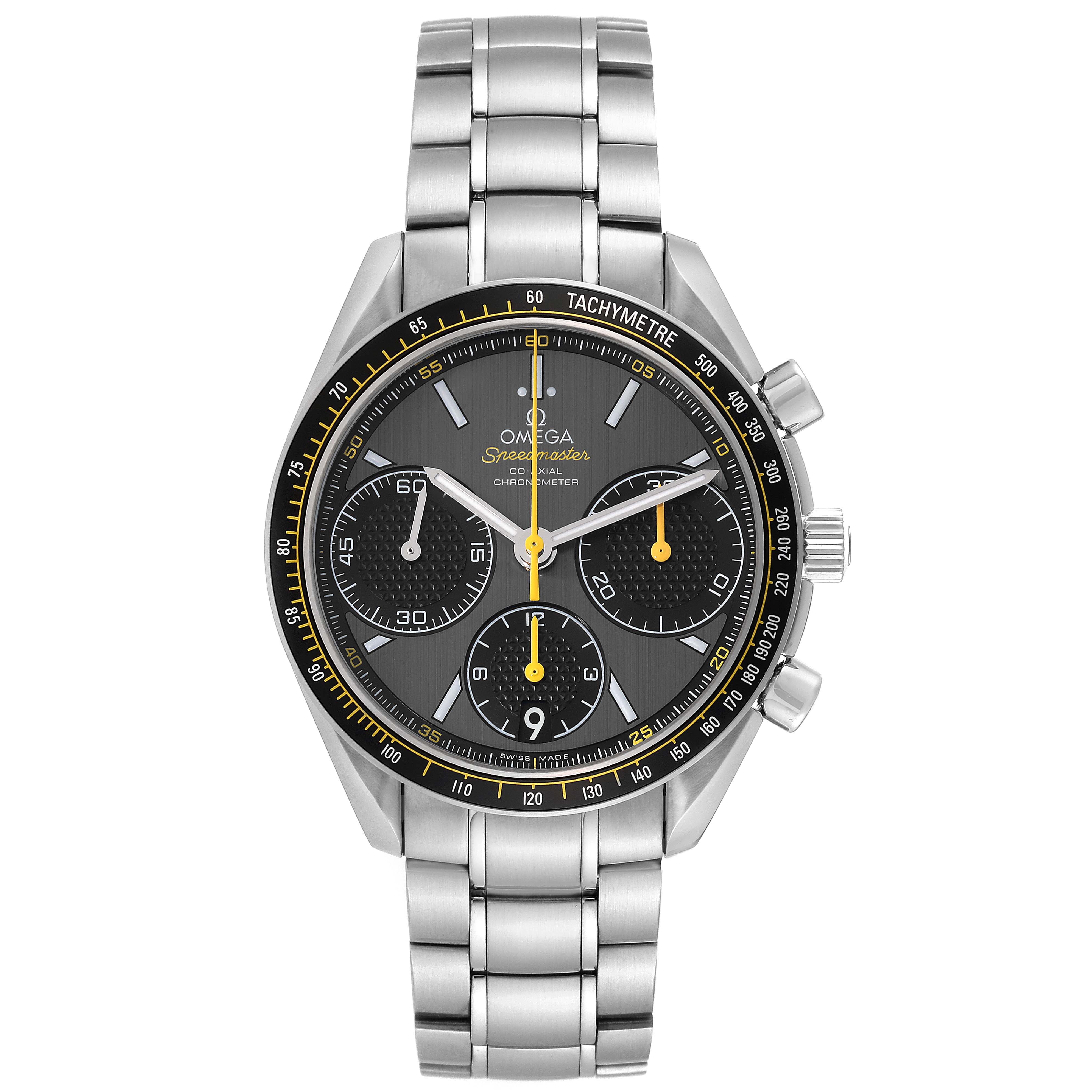 The image shows a front view of an Omega Speedmaster 326.30.40.50.06.001 Men
s Stainless Steel Grey Dial 326.30.40.50.06.001 Men
s Stainless Steel Grey Dial watch with a stainless steel bracelet and tachymeter bezel.
