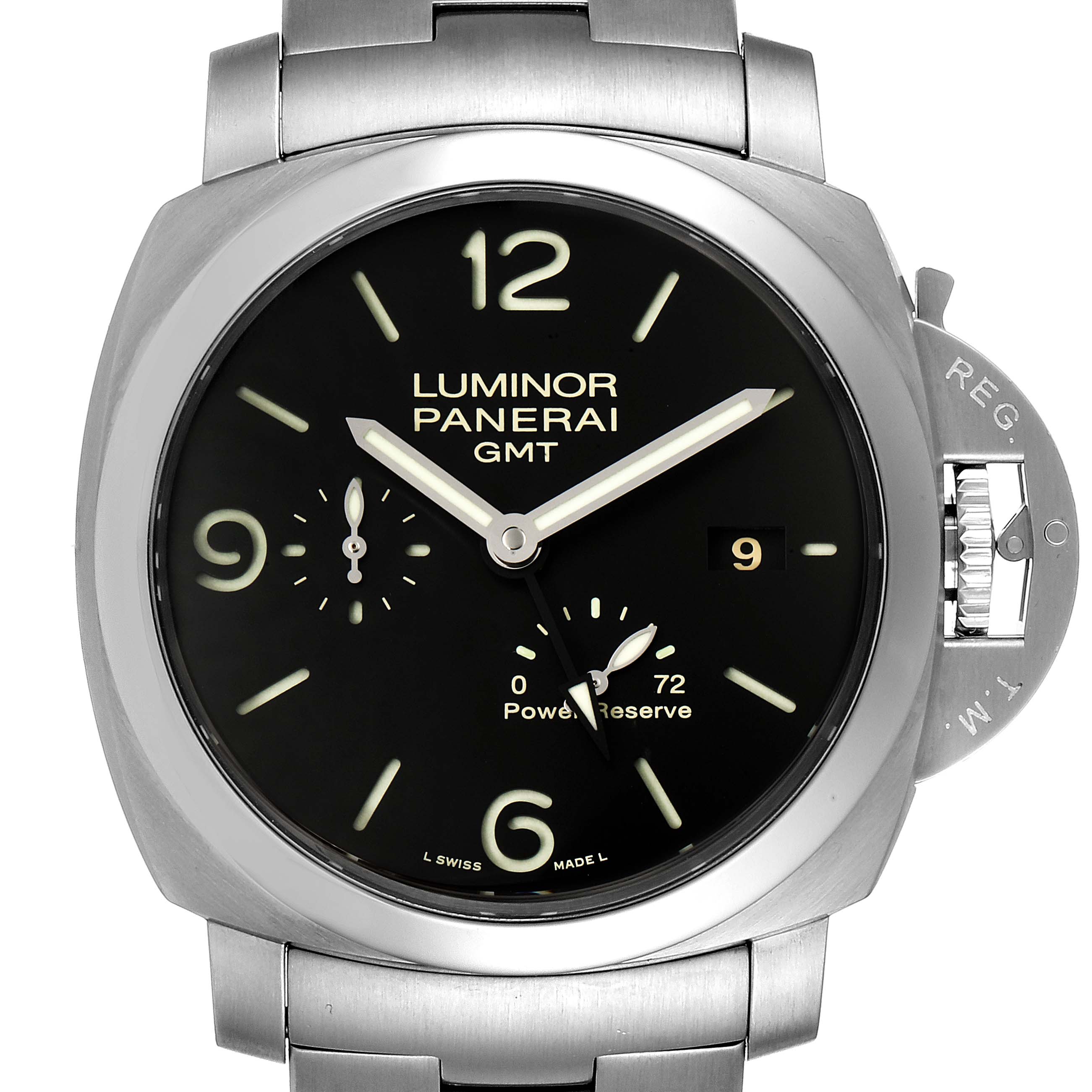 The image shows a front view of a Panerai Luminor PAM00347 Men
s Stainless Steel Black Dial PAM00347 Men
s Stainless Steel Black Dial watch face, displaying its dial, hands, crown, and part of the bracelet.