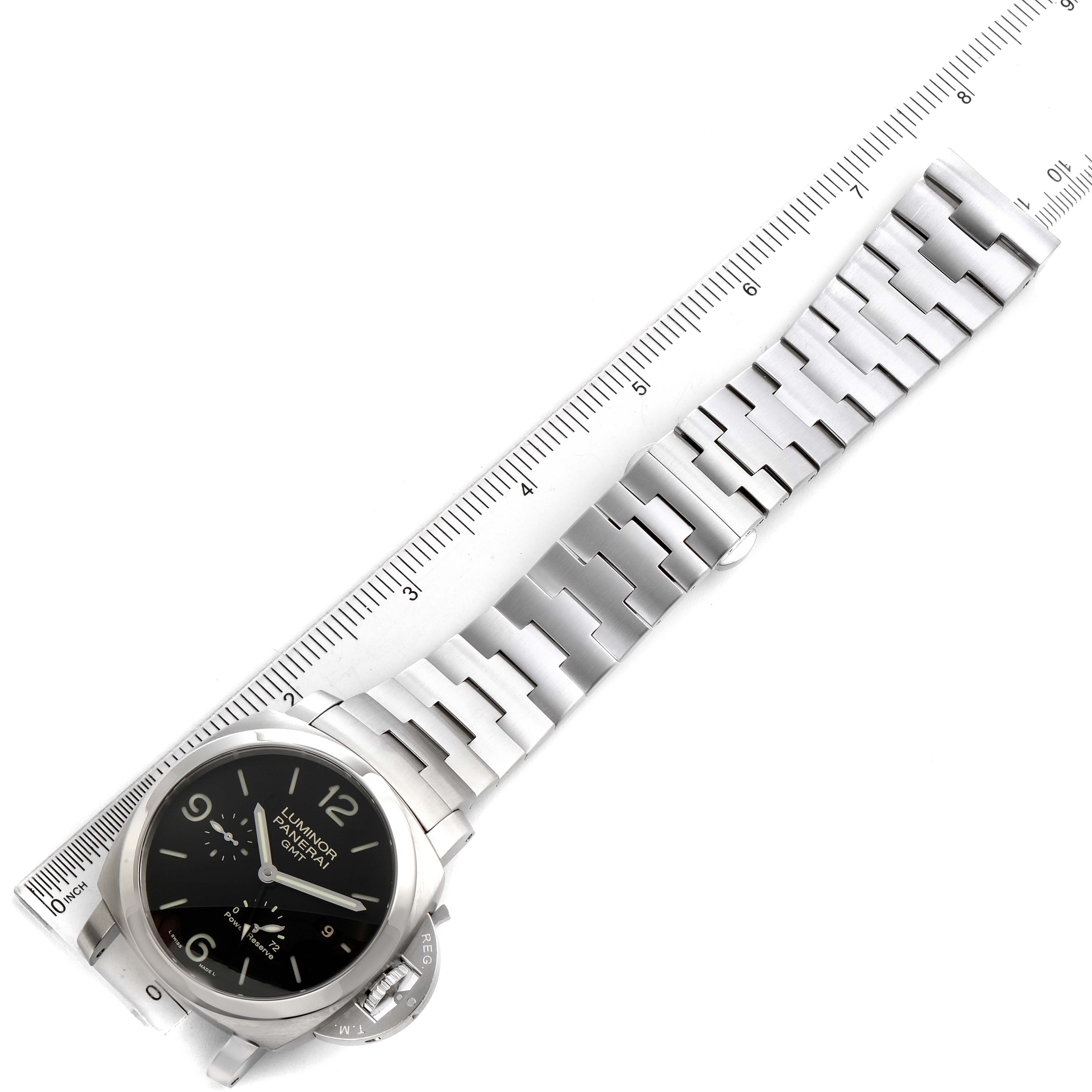 The image shows a Panerai Luminor PAM00347 Men
s Stainless Steel Black Dial PAM00347 Men
s Stainless Steel Black Dial watch laid flat, with its stainless steel bracelet aligned alongside a ruler for measurement.