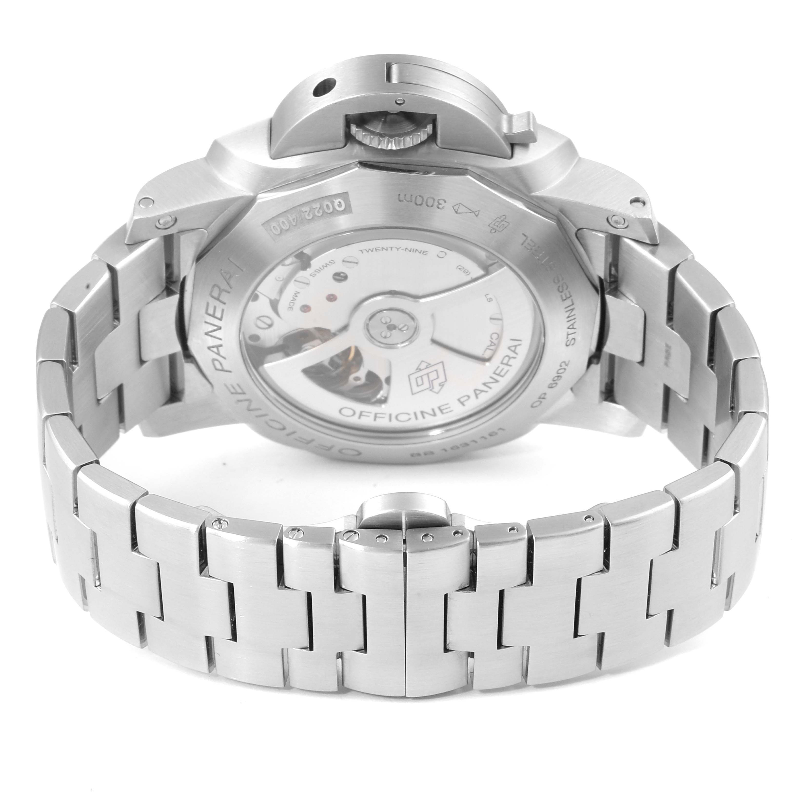 The image displays the back view of the Panerai Luminor PAM00347 Men
s Stainless Steel Black Dial PAM00347 Men
s Stainless Steel Black Dial watch, highlighting its stainless steel case and bracelet.