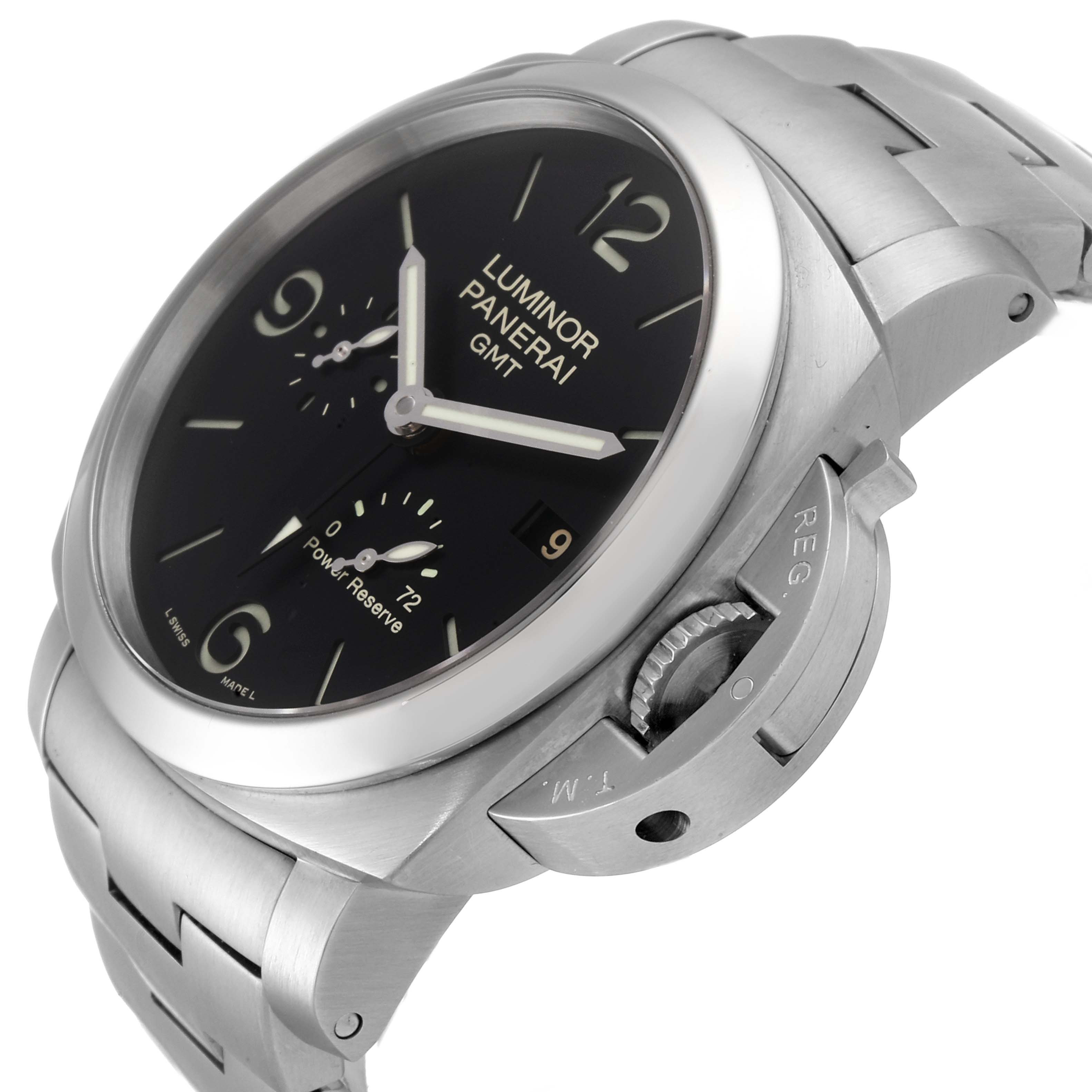 The Panerai Luminor PAM00347 Men
s Stainless Steel Black Dial PAM00347 Men
s Stainless Steel Black Dial watch is shown at a slight angle highlighting the face, crown guard, and part of the stainless steel bracelet.