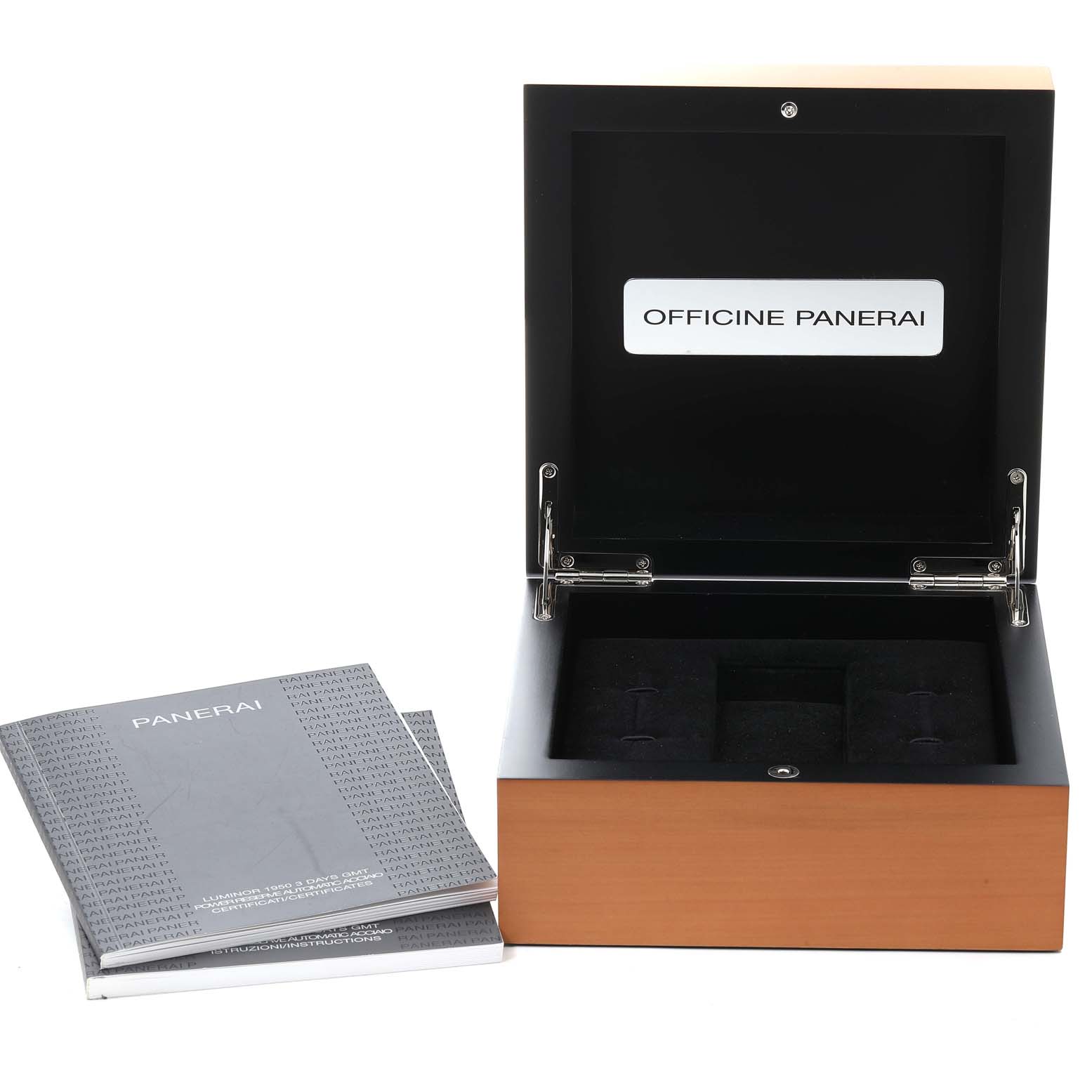 This image shows an open Panerai Luminor PAM00347 Men
s Stainless Steel Black Dial PAM00347 Men
s Stainless Steel Black Dial watch box and accompanying manuals from a front angle.