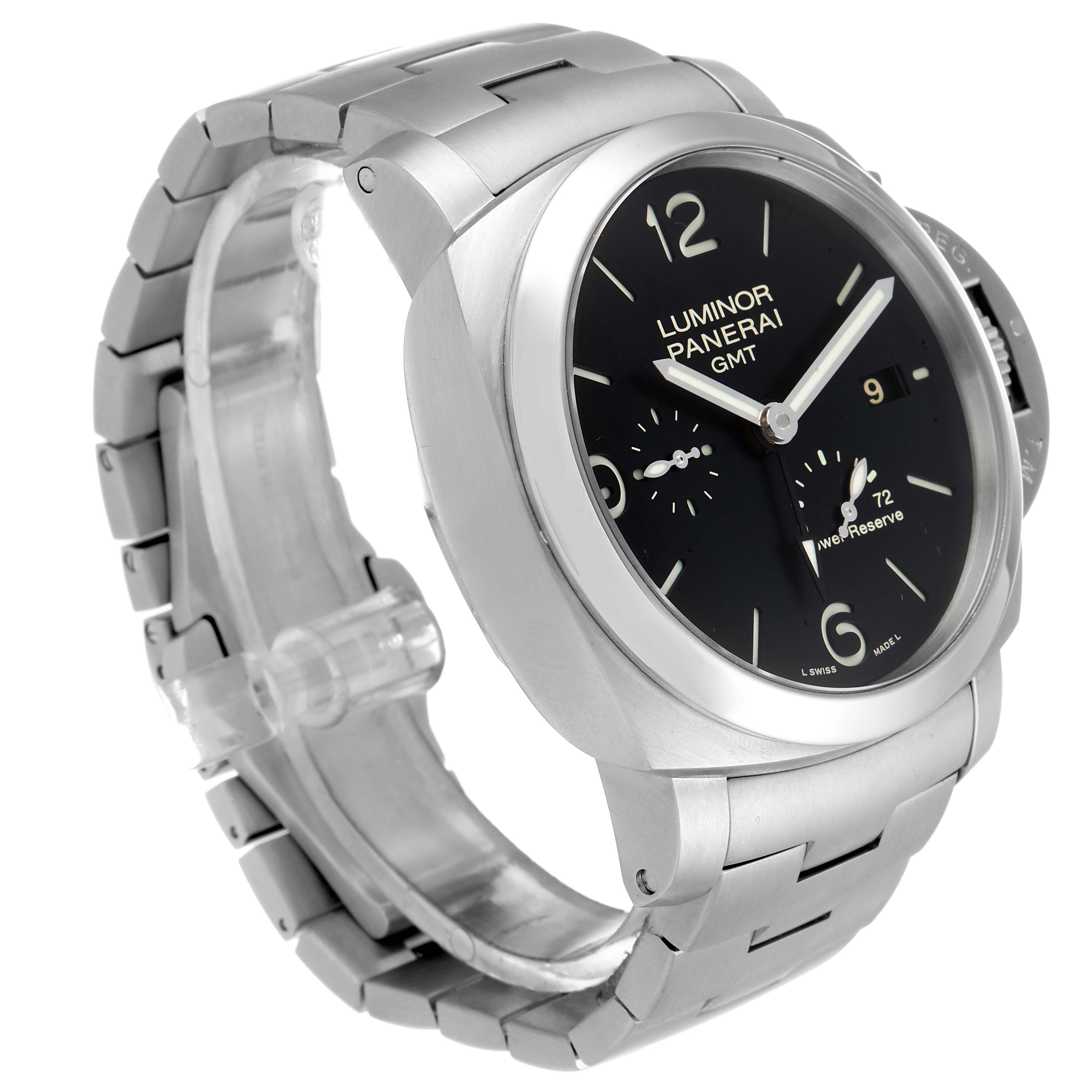 This image shows a Panerai Luminor PAM00347 Men
s Stainless Steel Black Dial PAM00347 Men
s Stainless Steel Black Dial GMT watch at a three-quarter angle, displaying the dial and bracelet.