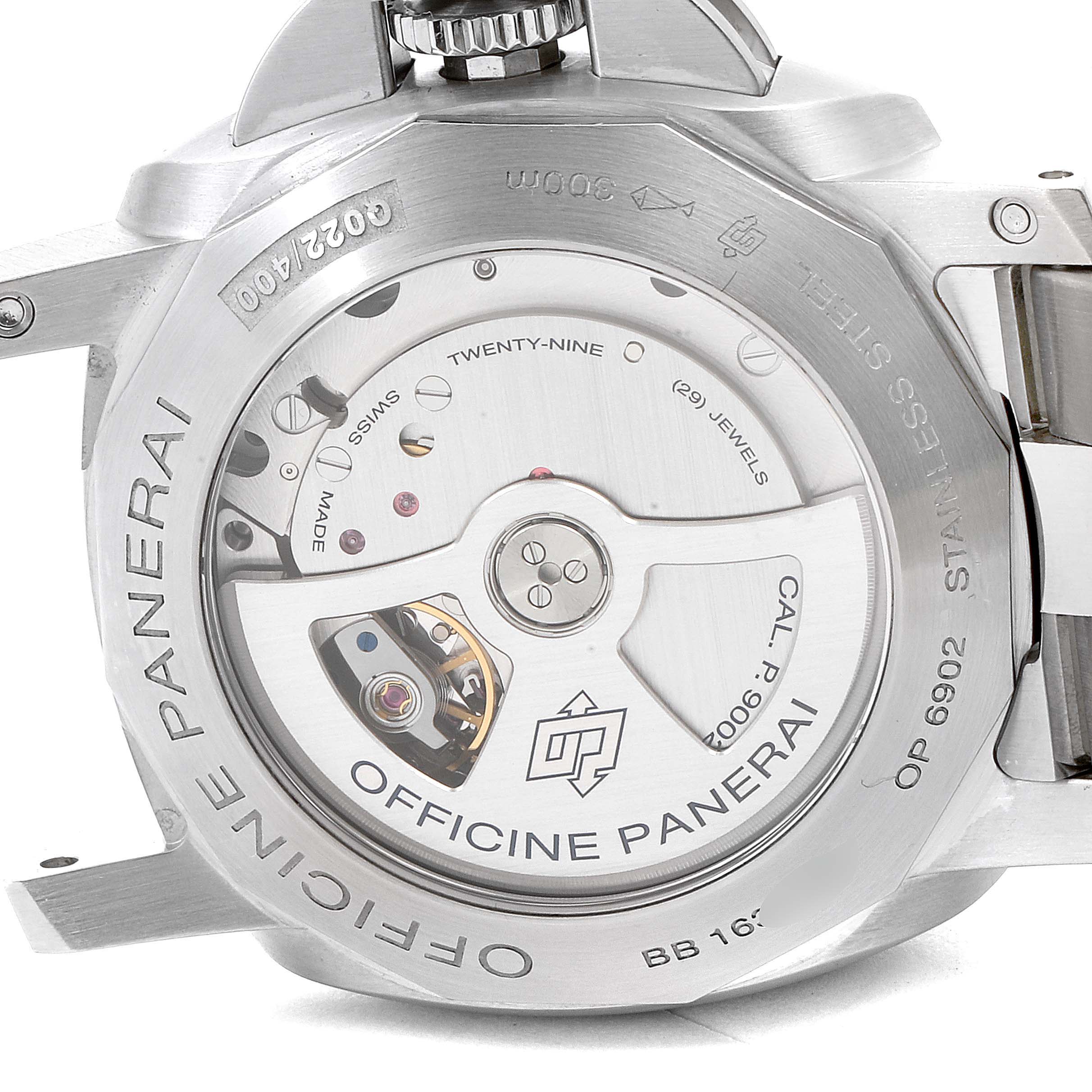 The image shows the back of a Panerai Luminor PAM00347 Men
s Stainless Steel Black Dial PAM00347 Men
s Stainless Steel Black Dial watch, highlighting its internal mechanical movement and stainless steel case.