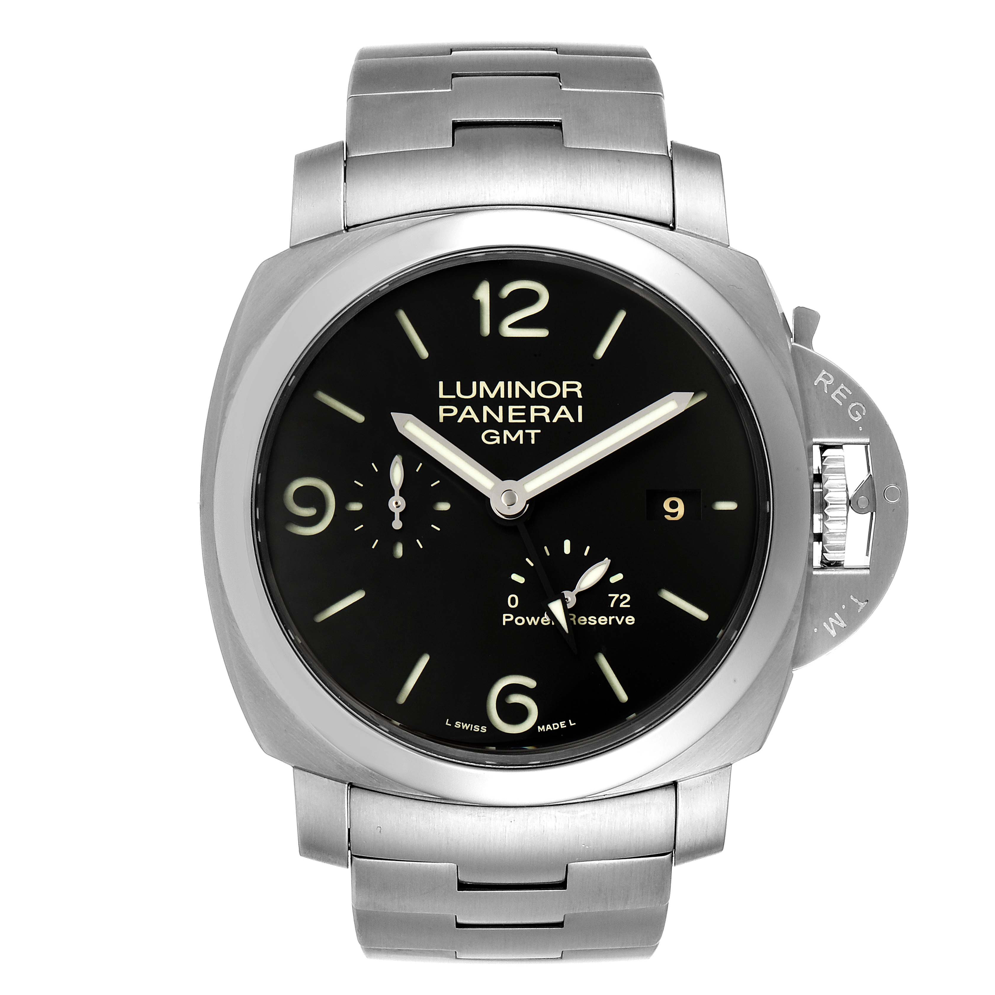 The image shows a front view of the Panerai Luminor PAM00347 Men
s Stainless Steel Black Dial PAM00347 Men
s Stainless Steel Black Dial GMT watch with a stainless steel bracelet and visible crown guard.
