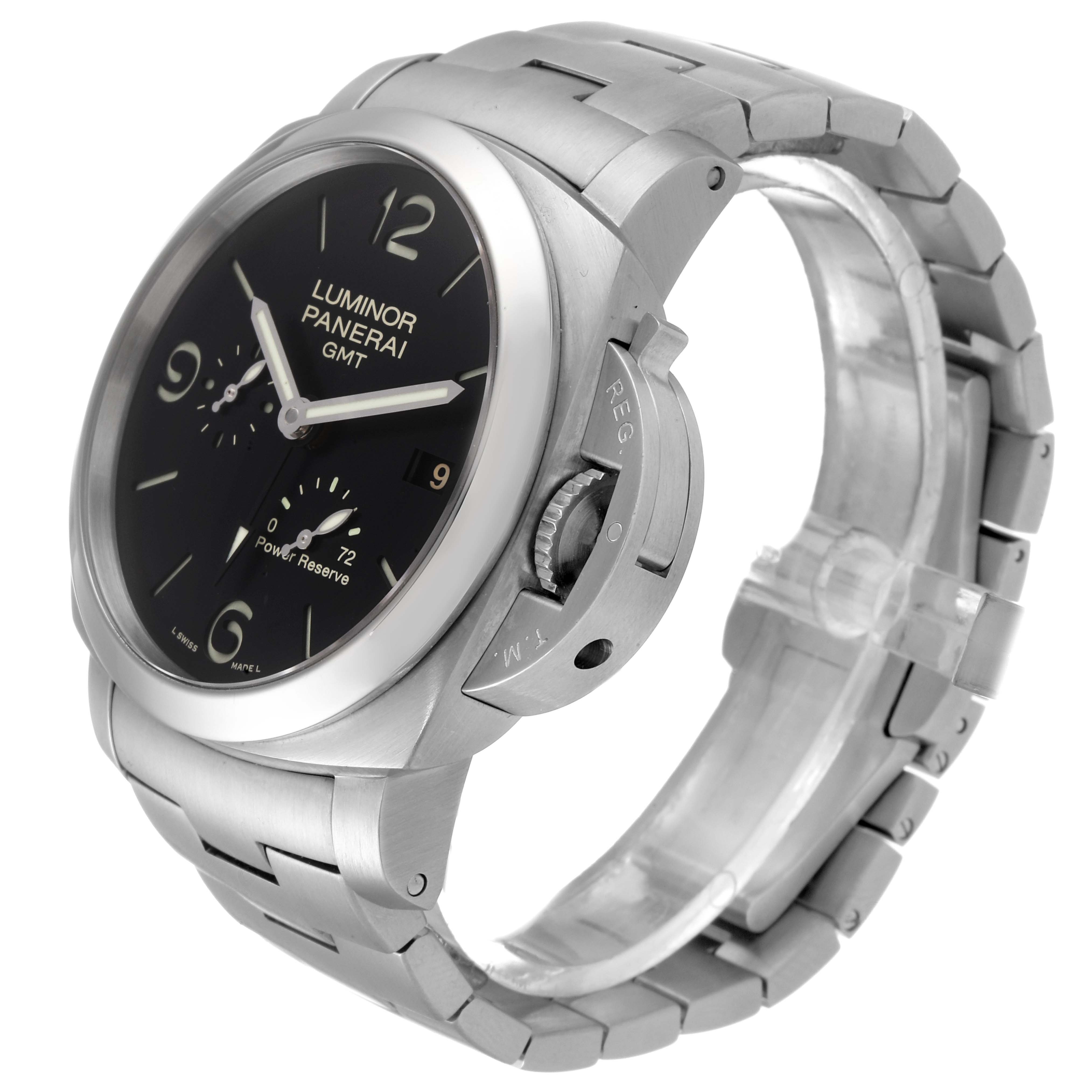 The image shows a Panerai Luminor PAM00347 Men
s Stainless Steel Black Dial PAM00347 Men
s Stainless Steel Black Dial GMT watch at an angle highlighting the side profile, bracelet, and crown guard.