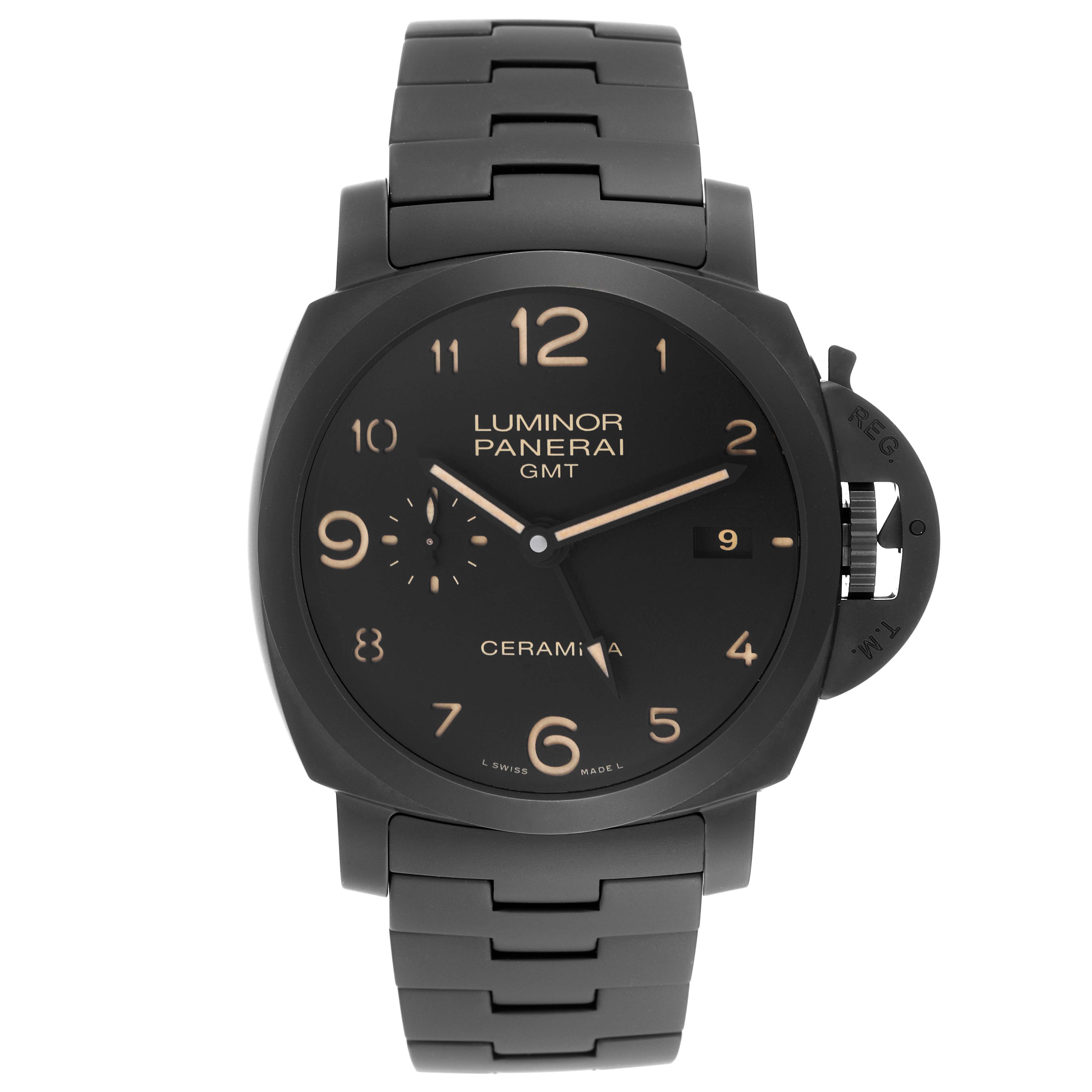 The image shows a Panerai Luminor PAM00438 Men's Ceramic Black Dial PAM00438 Men's Ceramic Black Dial GMT watch from a front angle, highlighting its black ceramic case, dial, and bracelet.