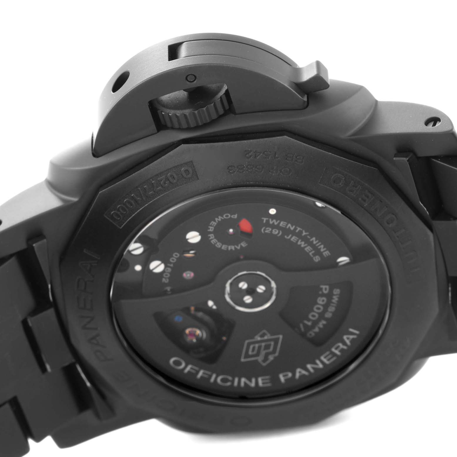 The image shows the back view and crown protector of a Panerai Luminor PAM00438 Men's Ceramic Black Dial PAM00438 Men's Ceramic Black Dial watch, highlighting the movement and rotor.