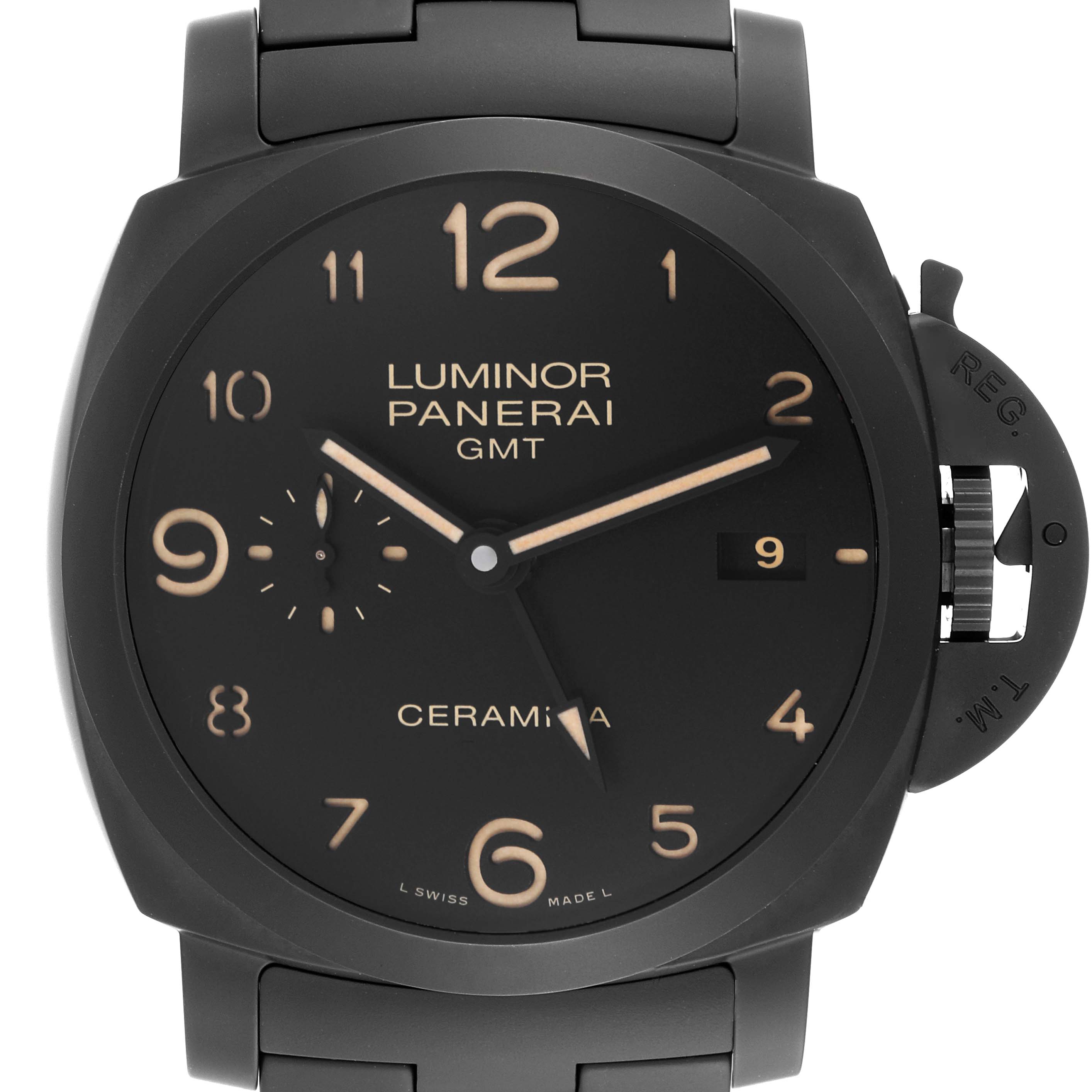 This image shows a front view of the Panerai Luminor PAM00438 Men's Ceramic Black Dial PAM00438 Men's Ceramic Black Dial GMT Ceramica watch, displaying the dial, crown guard, and bracelet.