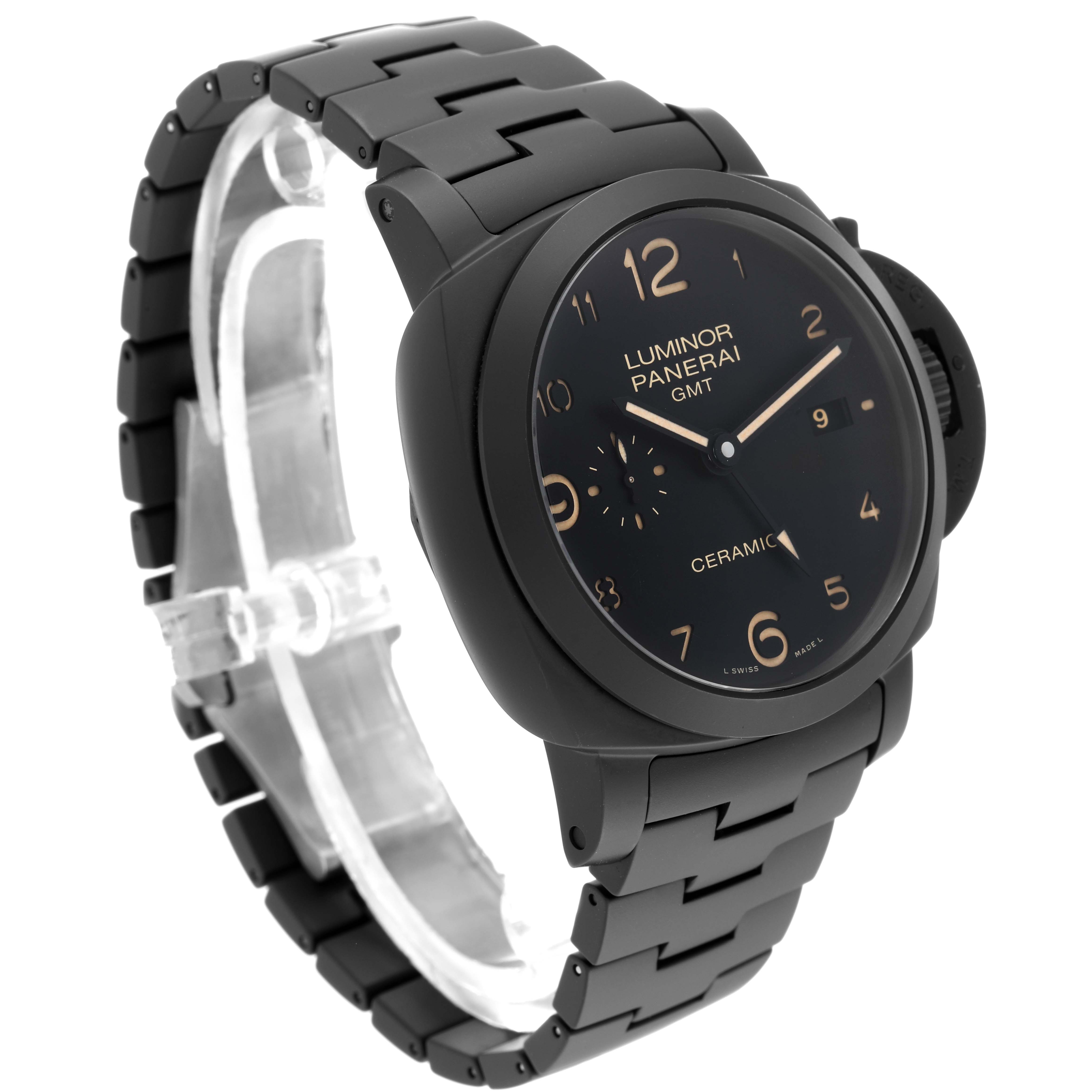 The Panerai Luminor PAM00438 Men's Ceramic Black Dial PAM00438 Men's Ceramic Black Dial model watch is shown at a three-quarter angle, highlighting its black ceramic case, dial, and bracelet.