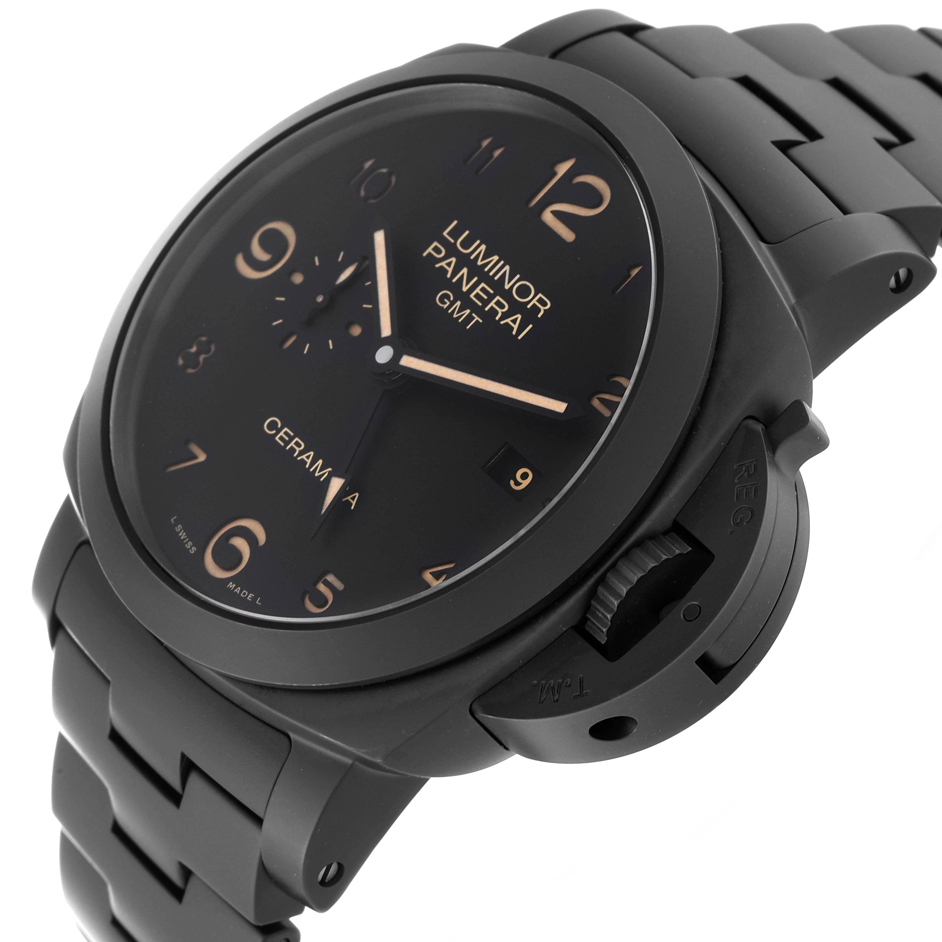 This image shows a black Panerai Luminor PAM00438 Men's Ceramic Black Dial PAM00438 Men's Ceramic Black Dial watch from an angled front view, highlighting the face, bezel, and part of the bracelet.