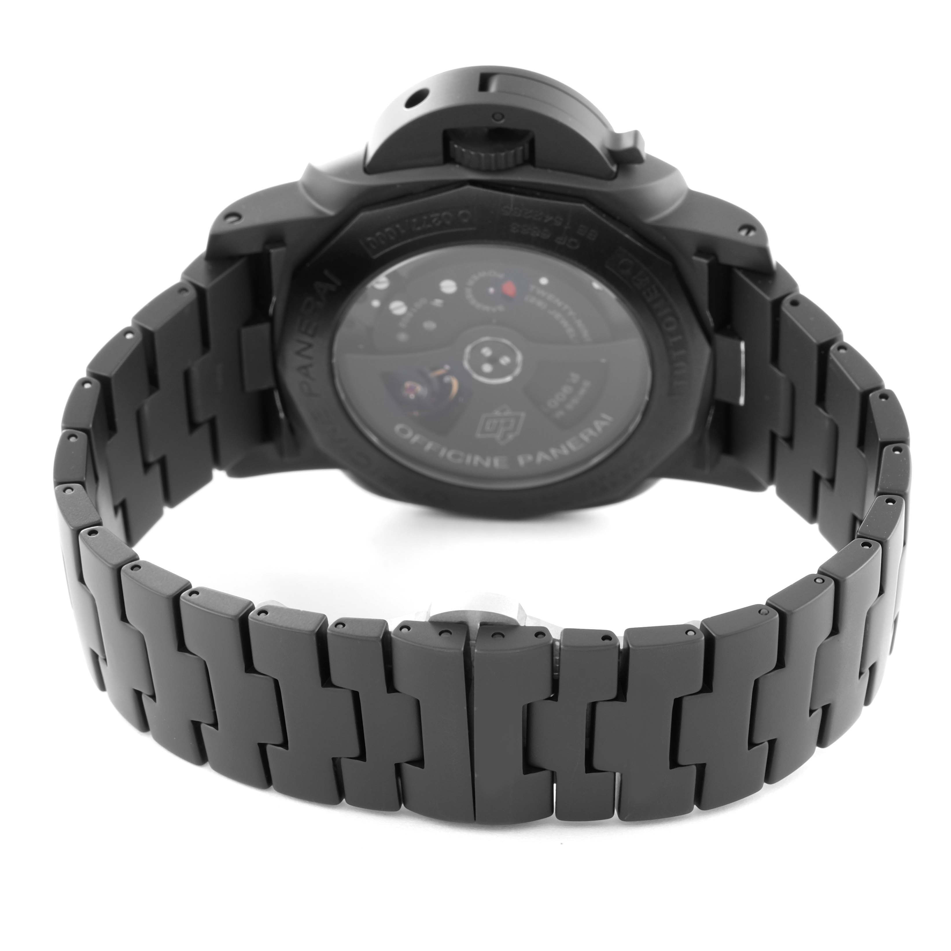 This image shows the back view of a Panerai Luminor PAM00438 Men's Ceramic Black Dial PAM00438 Men's Ceramic Black Dial watch, highlighting its black bracelet and case back.