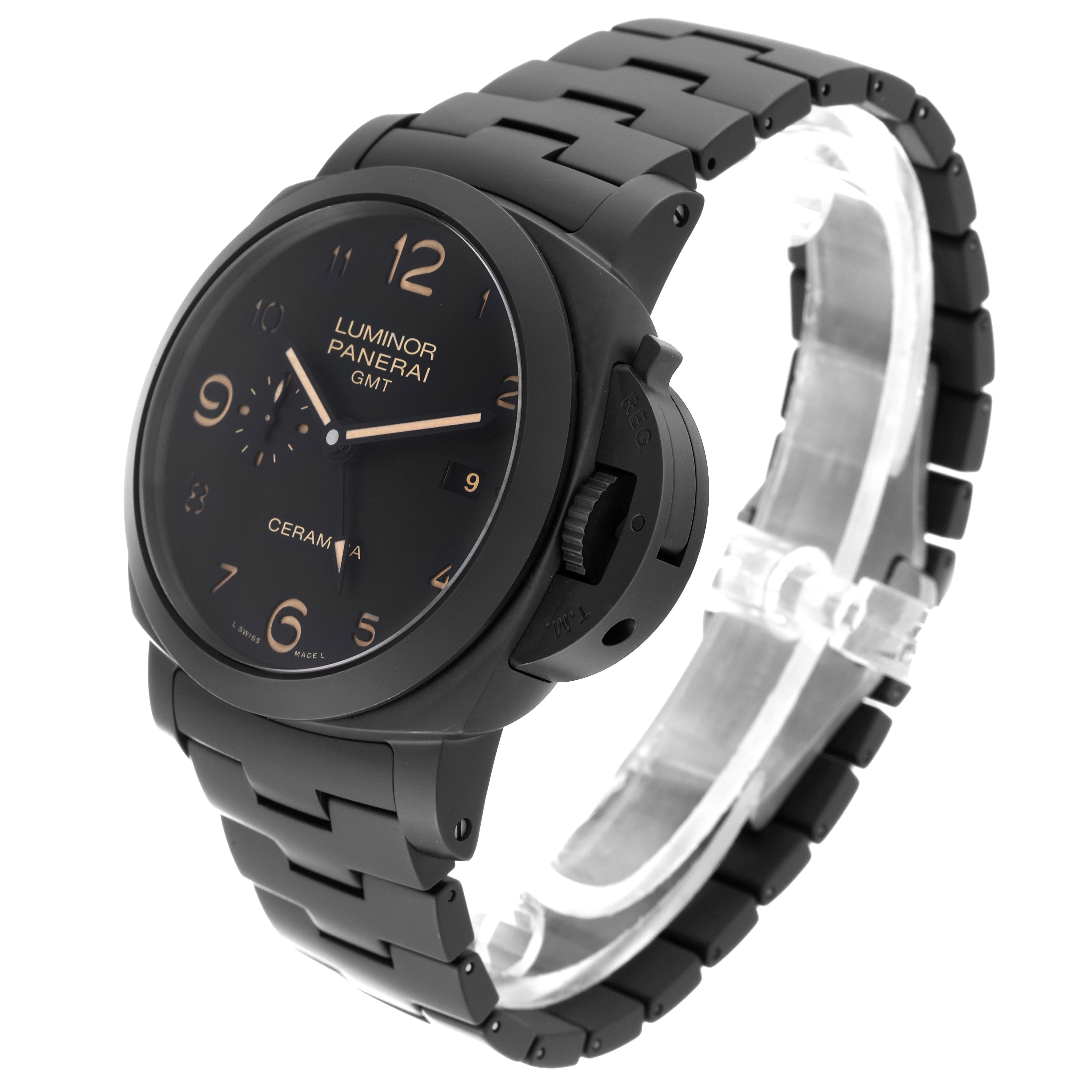The image shows a Panerai Luminor PAM00438 Men's Ceramic Black Dial PAM00438 Men's Ceramic Black Dial GMT watch from a three-quarter angle, highlighting the dial, case, crown guard, and part of the bracelet.