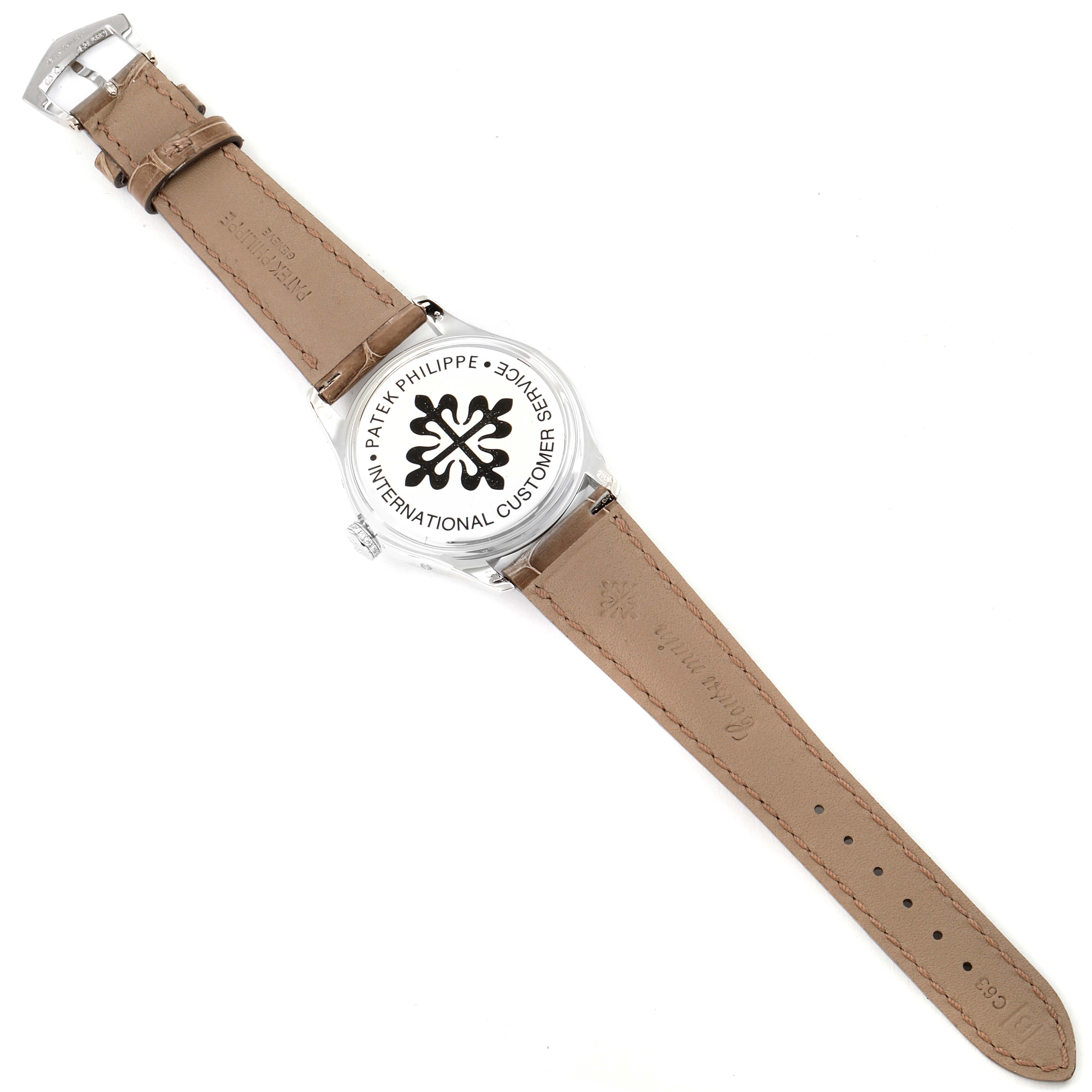 This image shows the back view of a Patek Philippe Complications 4936G - 001 Men's White Gold Mother of Pearl Dial 4936G - 001 Men's White Gold Mother of Pearl Dial model, highlighting the leather strap and caseback.