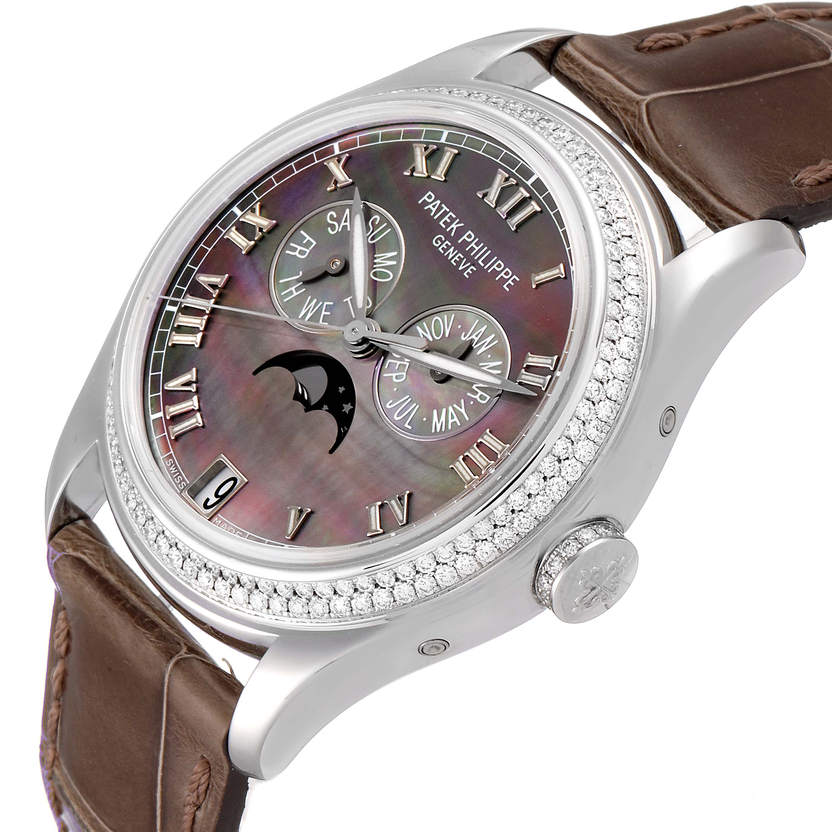 The image shows a Patek Philippe Complications 4936G - 001 Men's White Gold Mother of Pearl Dial 4936G - 001 Men's White Gold Mother of Pearl Dial model watch at an oblique angle, highlighting its face, bezel, and brown leather strap.