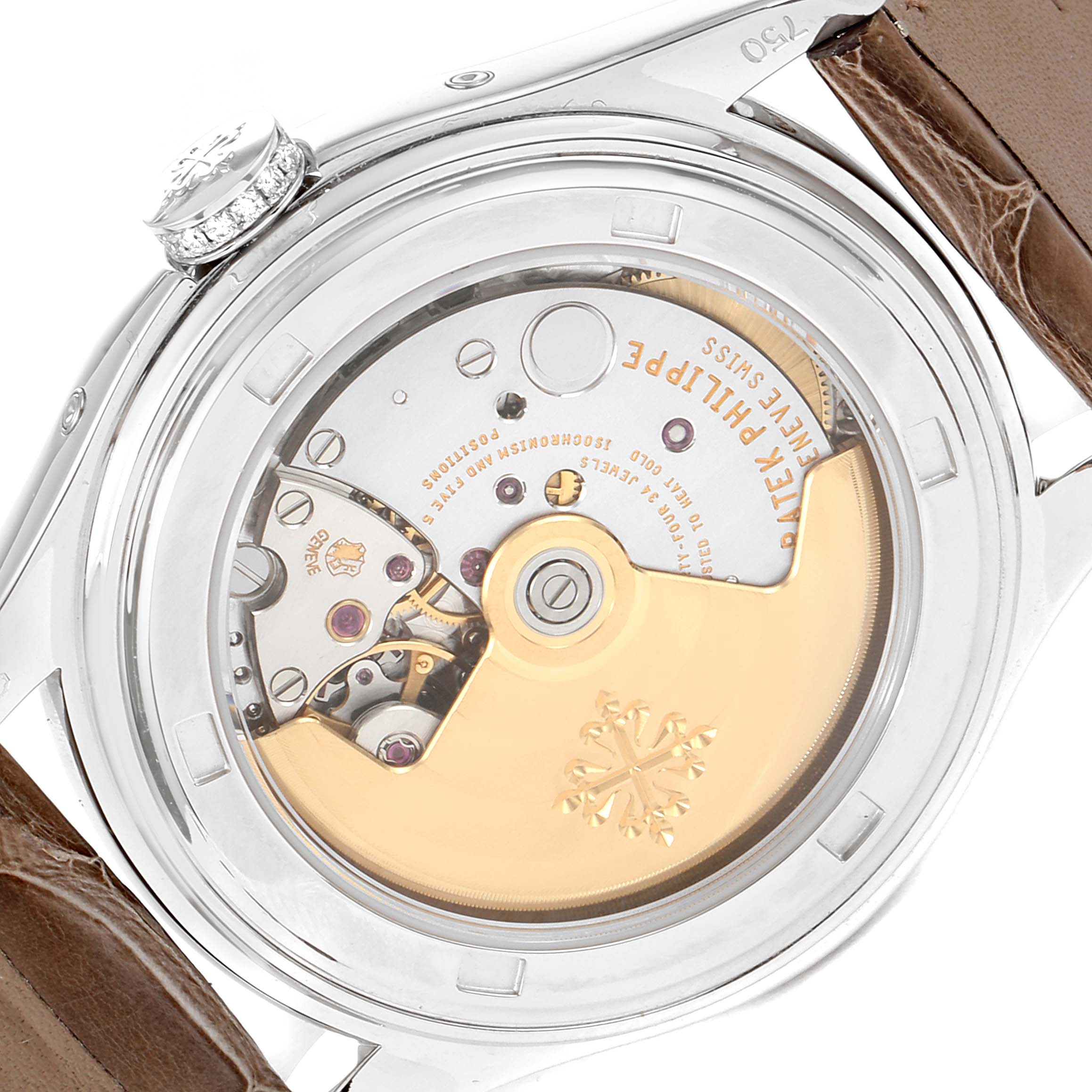 The image shows the back of the Patek Philippe Complications 4936G - 001 Men's White Gold Mother of Pearl Dial 4936G - 001 Men's White Gold Mother of Pearl Dial watch, featuring the intricate movement and rotor with branding visible.