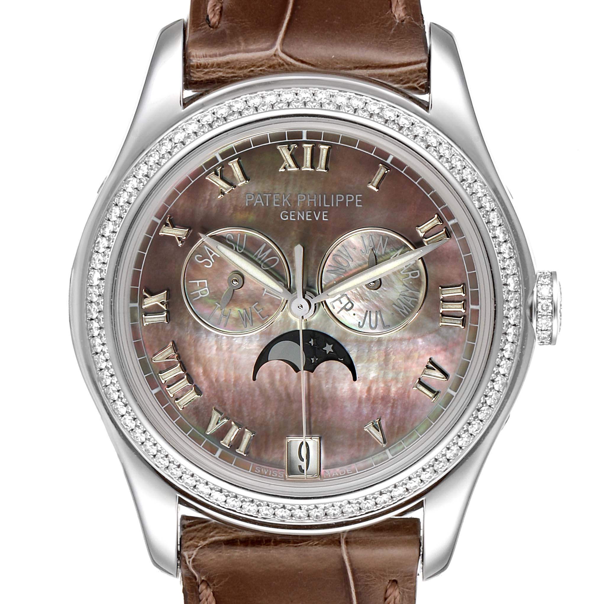 The image shows a frontal view of the Patek Philippe Complications 4936G - 001 Men's White Gold Mother of Pearl Dial 4936G - 001 Men's White Gold Mother of Pearl Dial watch, displaying its dial, subdials, and bezel encircled with diamonds.
