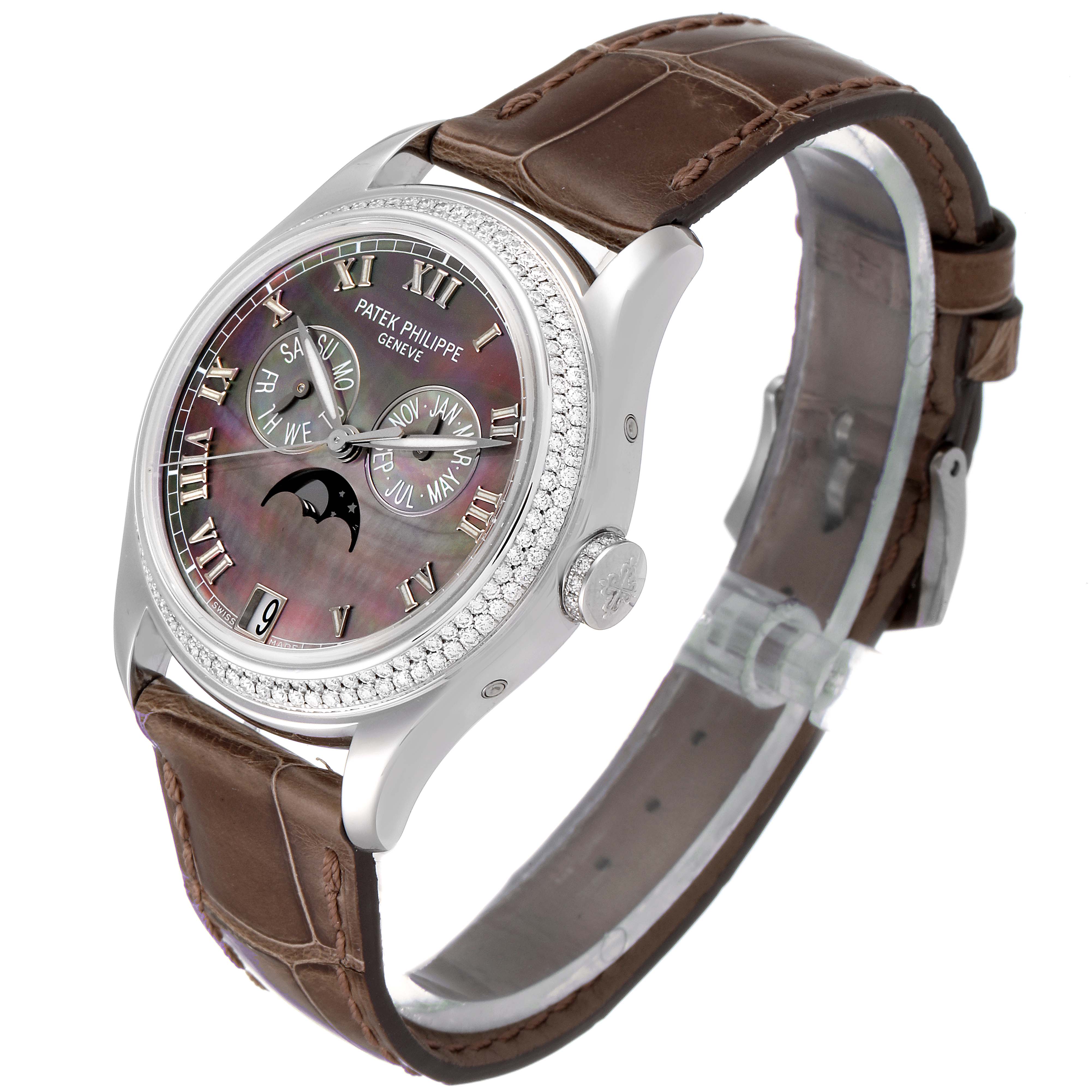 The image shows a side-angle view of the Patek Philippe Complications 4936G - 001 Men's White Gold Mother of Pearl Dial 4936G - 001 Men's White Gold Mother of Pearl Dial watch, highlighting its dial, bezel, and brown leather strap.