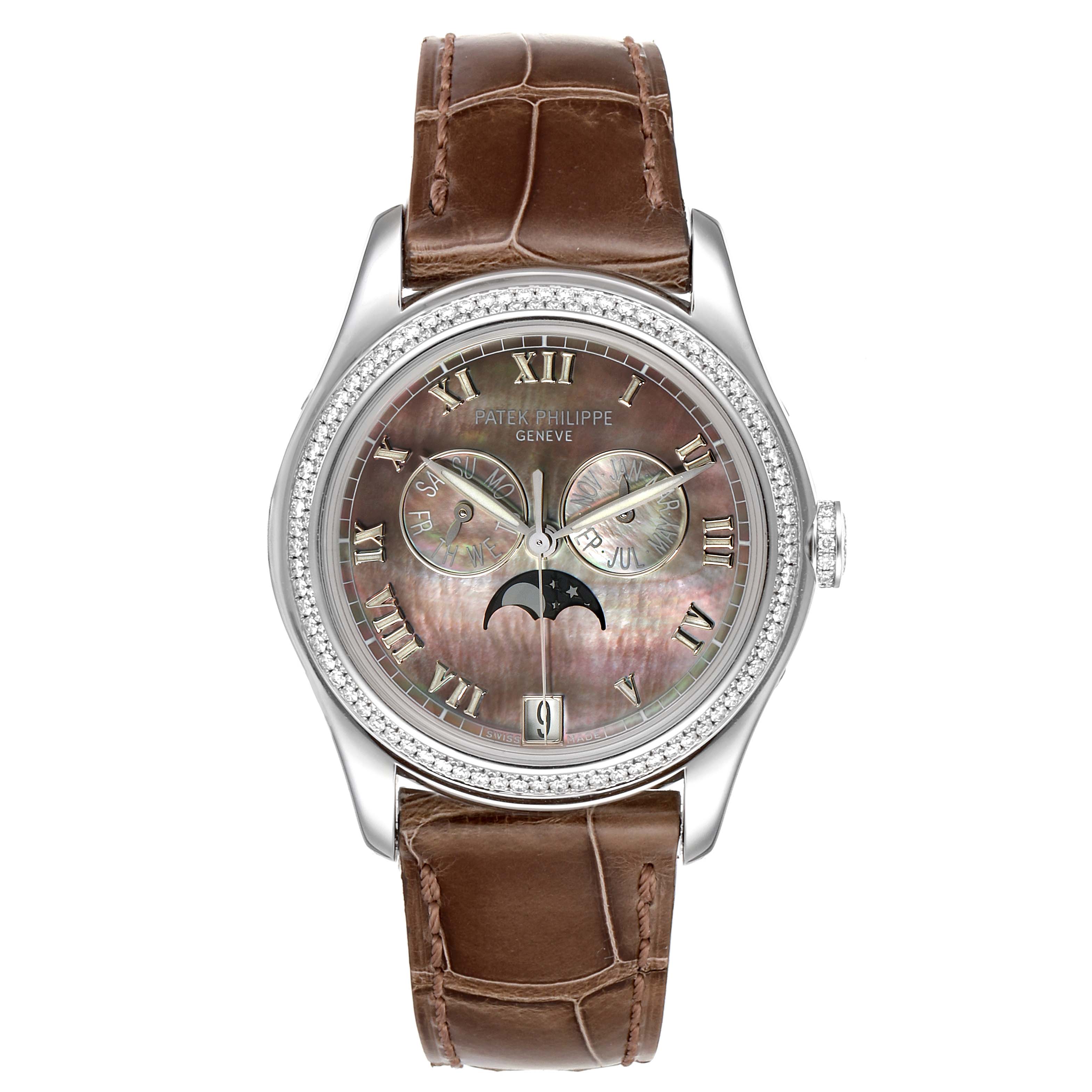 This Complications model by Patek Philippe is shown from a front angle, highlighting its face, dial, and brown leather strap.