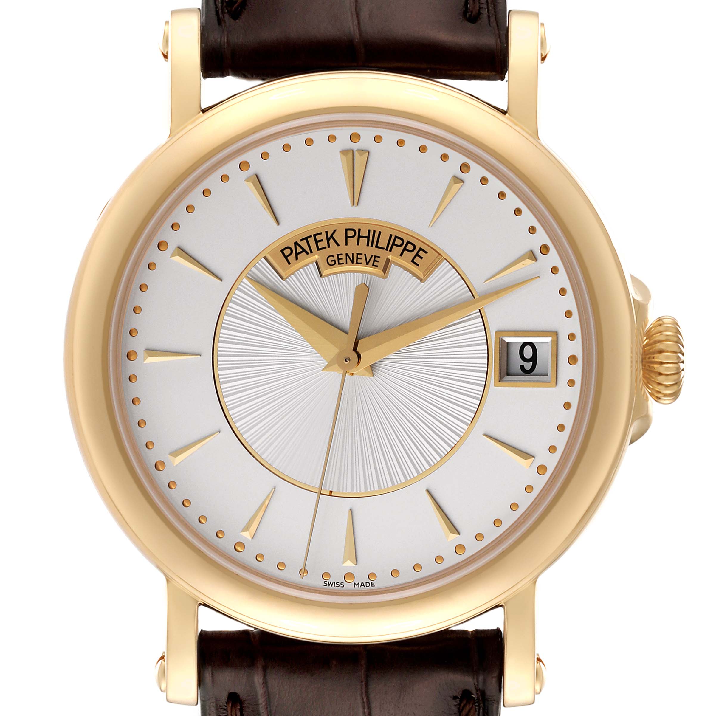 The image shows a front view of the Patek Philippe Calatrava 5153J-001 Men's Yellow Gold Silver Dial 5153J-001 Men's Yellow Gold Silver Dial watch, highlighting its gold case, white dial, and date window.