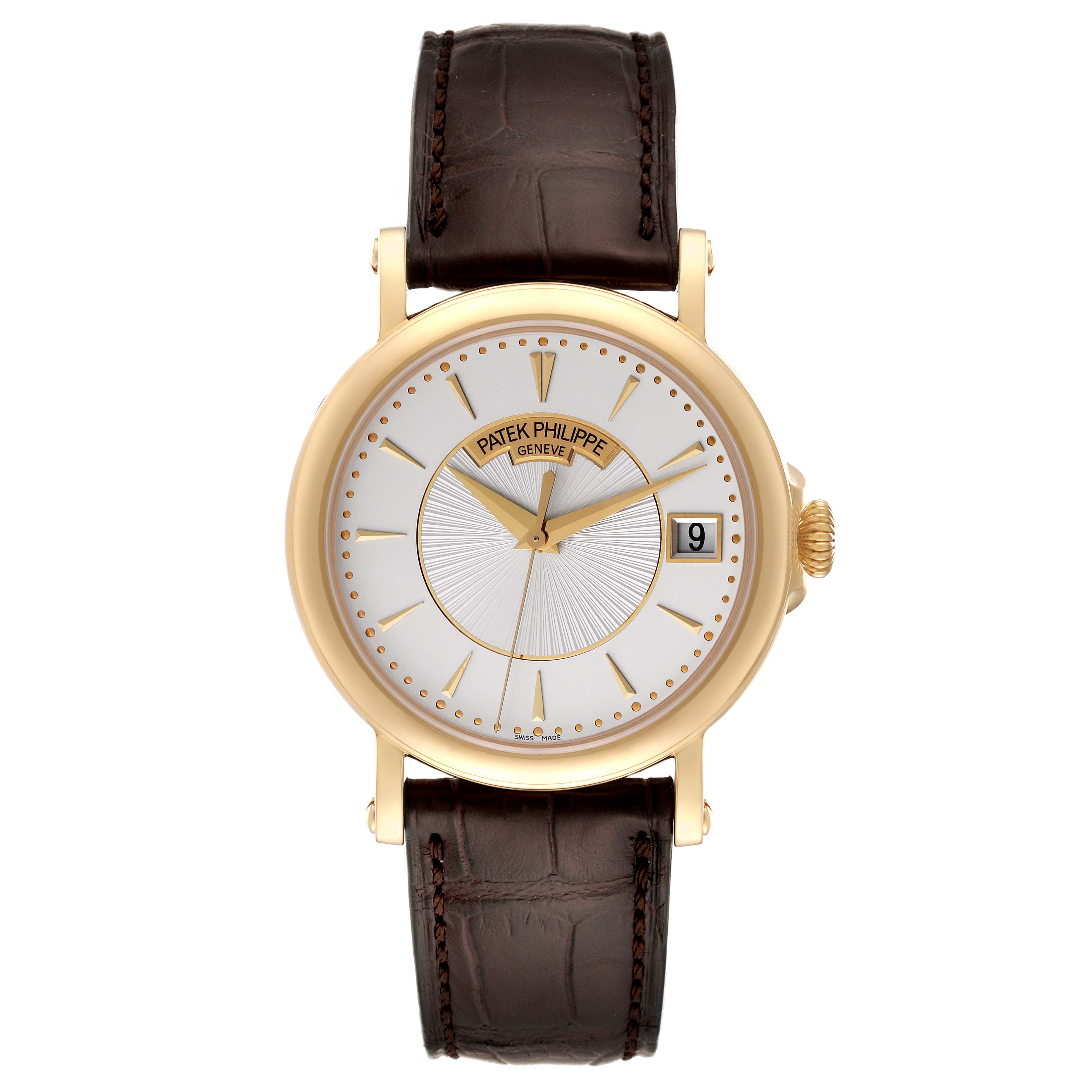 This image shows a front view of the Patek Philippe Calatrava 5153J-001 Men's Yellow Gold Silver Dial 5153J-001 Men's Yellow Gold Silver Dial watch, displaying its face, bezel, crown, and leather strap.