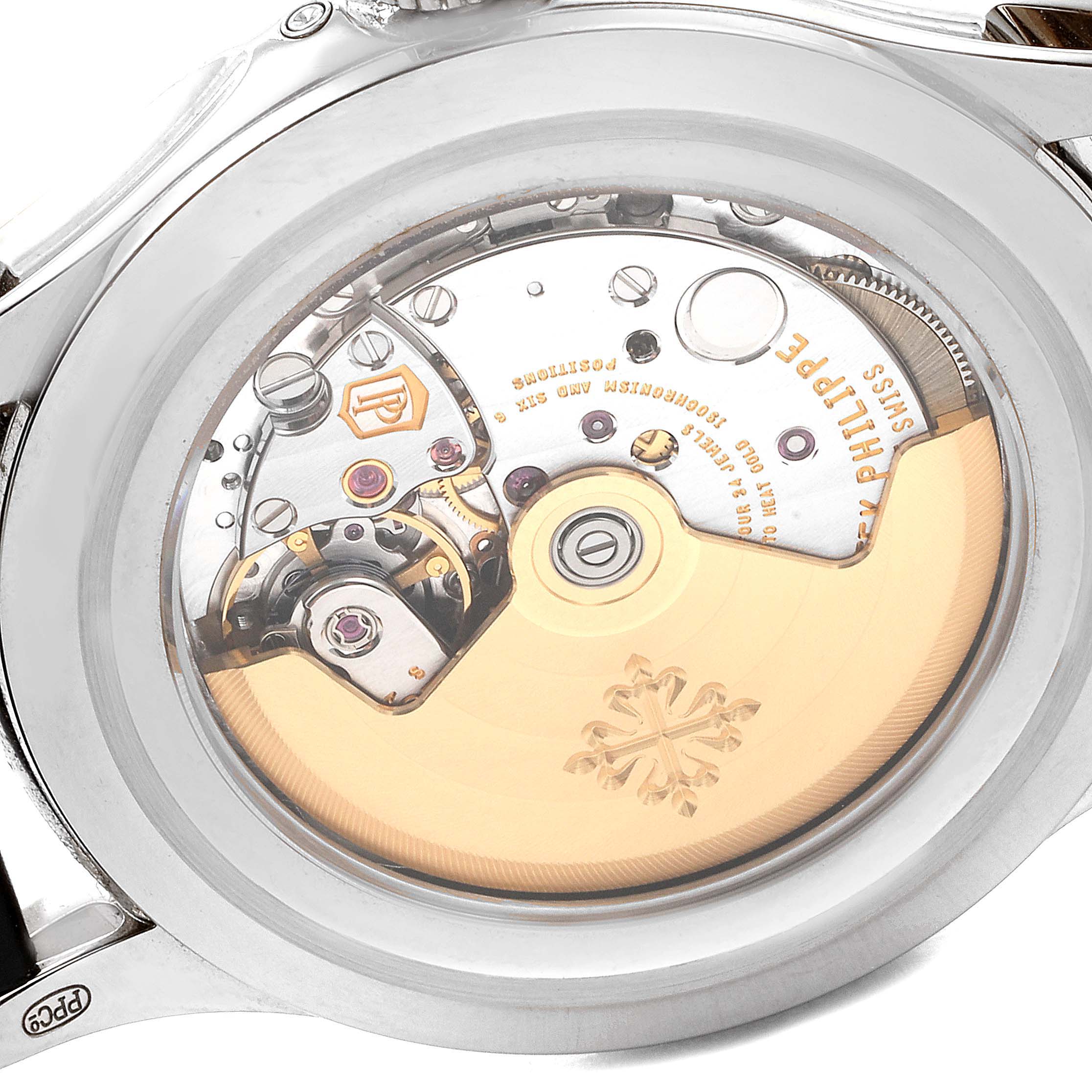 The image shows the back view of a Patek Philippe Complications 5205G - 010 Men's White Gold Grey Dial 5205G - 010 Men's White Gold Grey Dial model, highlighting its intricate mechanical movements.