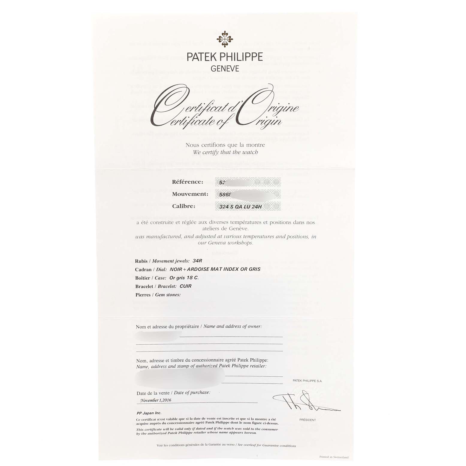 This image shows the Certificate of Origin for the Complications model watch by Patek Philippe.