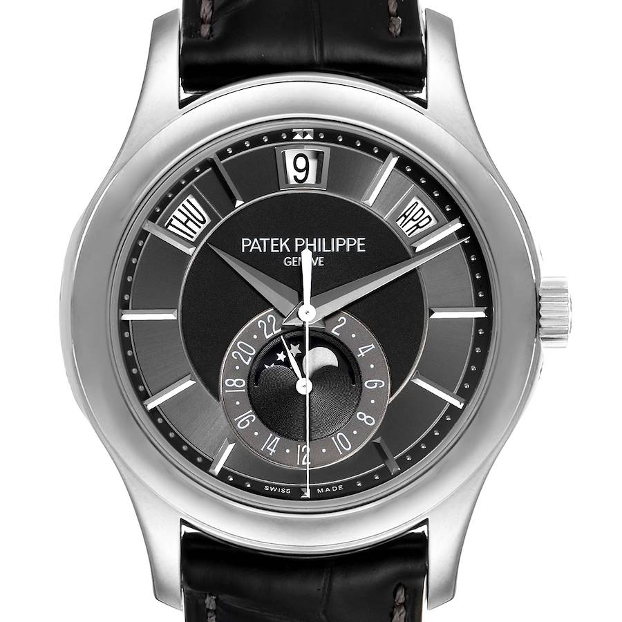 Patek Philippe Complications Annual Calendar White Gold Watch 5205 Box Papers SwissWatchExpo