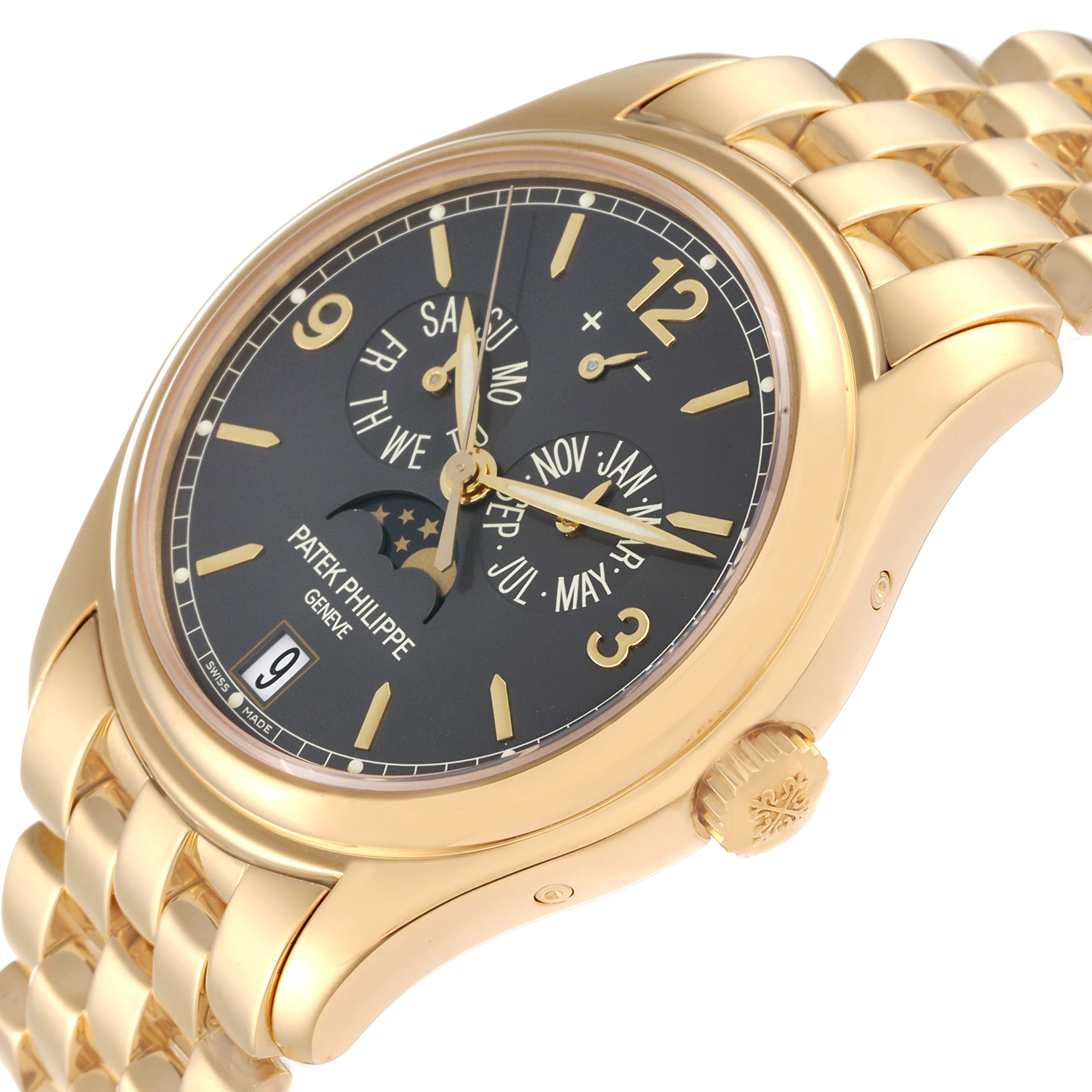 The Patek Philippe Complications 5146J-010 Men's Yellow Gold Grey Dial 5146J-010 Men's Yellow Gold Grey Dial watch is shown at an angled view highlighting the face, dial, crown, and part of the bracelet.