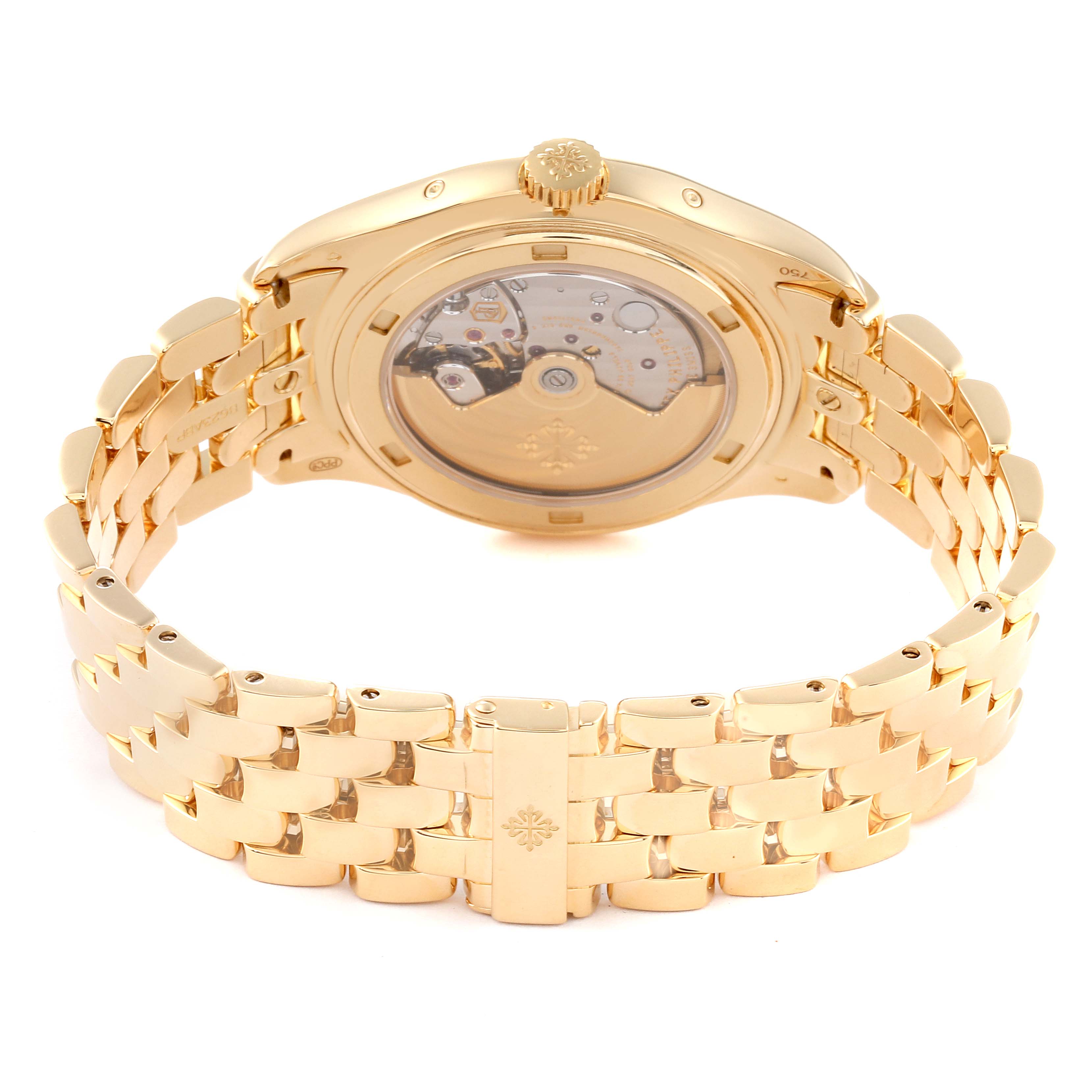 This image shows the back of the Patek Philippe Complications 5146J-010 Men's Yellow Gold Grey Dial 5146J-010 Men's Yellow Gold Grey Dial watch, highlighting the mechanical movement and gold bracelet.