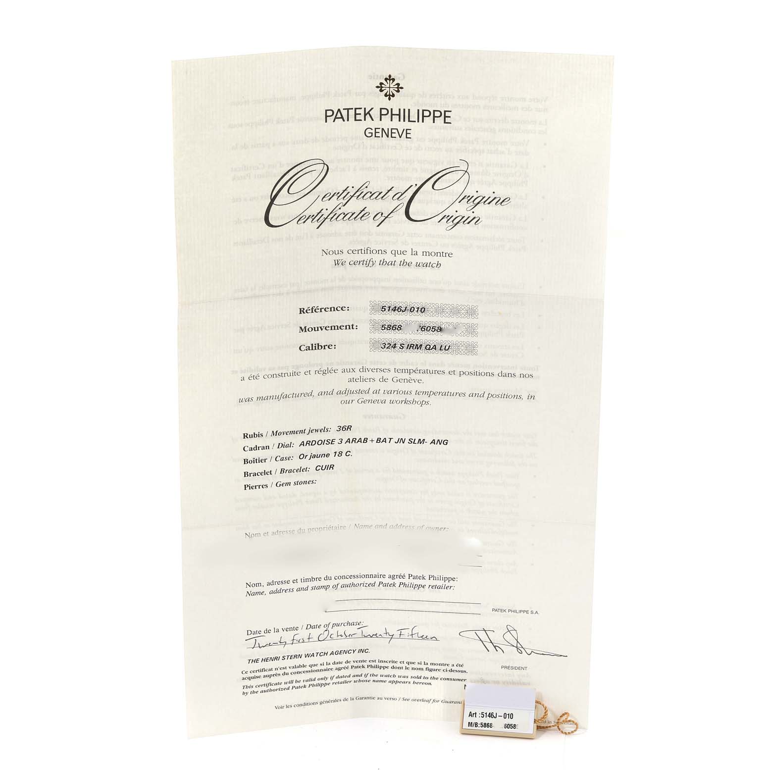 This image depicts a Patek Philippe Certificate of Origin for the Complications model, showing details like reference number, movement, and caliber.