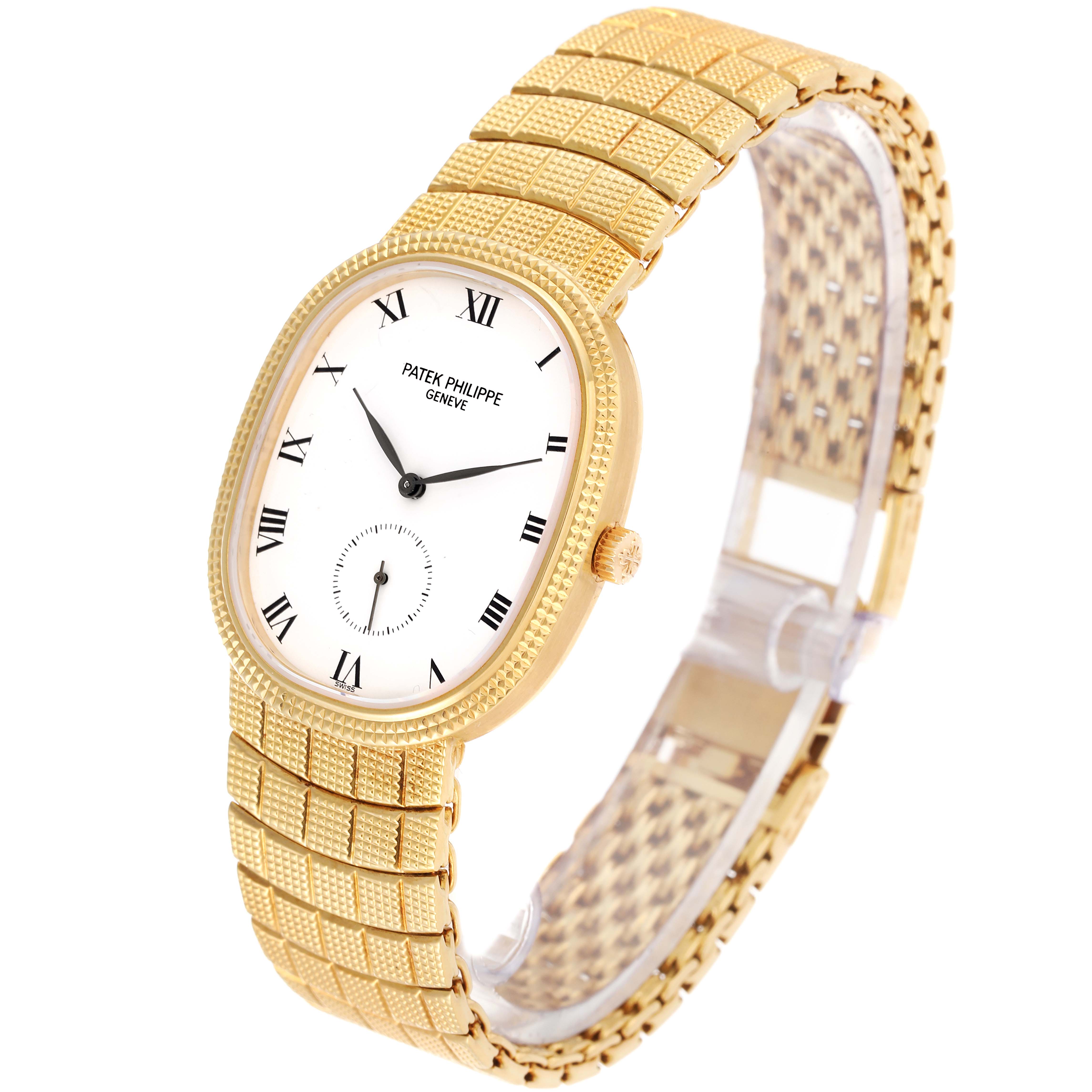 The image shows a Patek Philippe Golden Ellipse 3987/10J Women's Yellow Gold White Dial 3987/10J Women's Yellow Gold White Dial watch from an angled front view, displaying the face and gold bracelet.