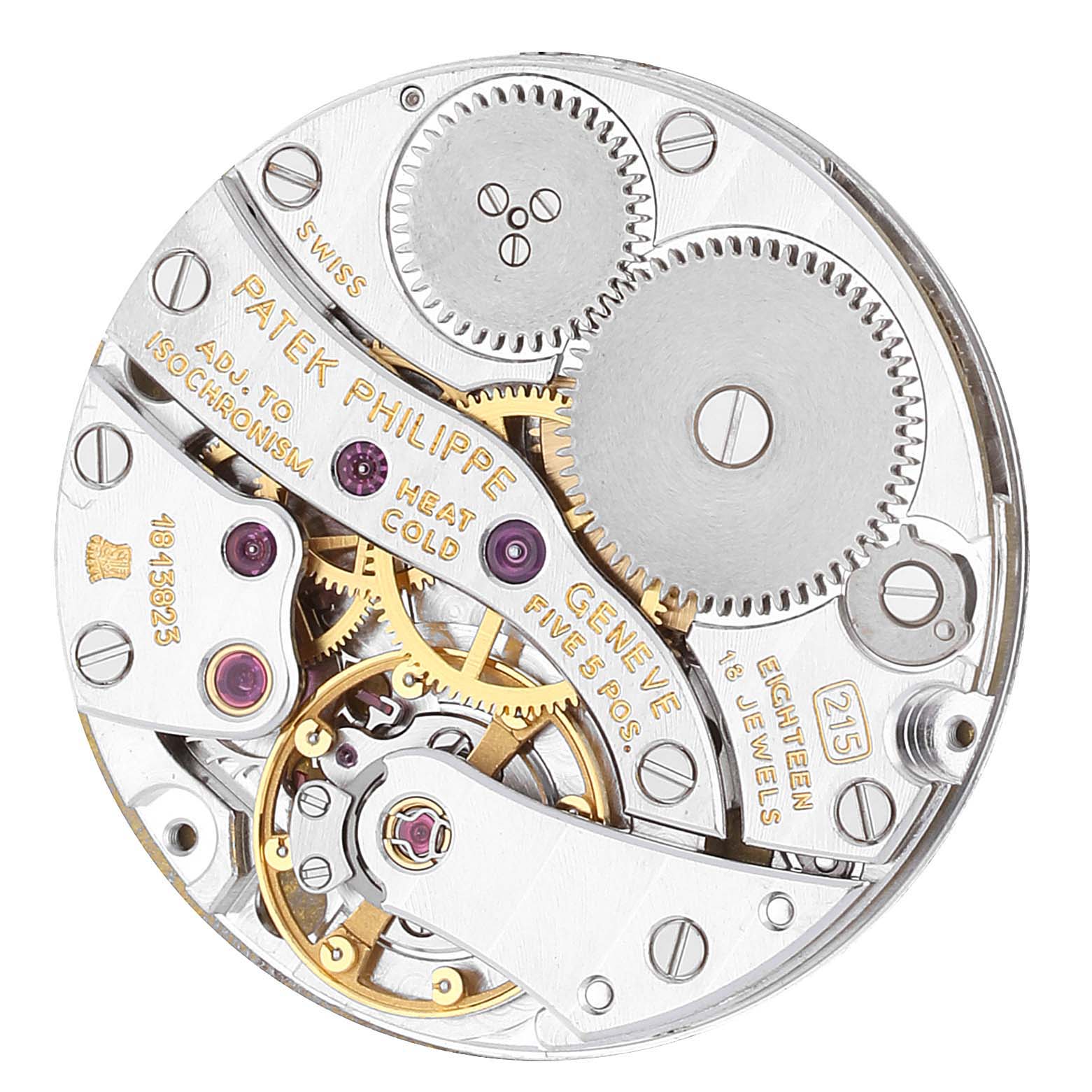 The image shows a close-up of the Patek Philippe Golden Ellipse 3987/10J Women's Yellow Gold White Dial 3987/10J Women's Yellow Gold White Dial movement, highlighting gears and intricate mechanical parts.